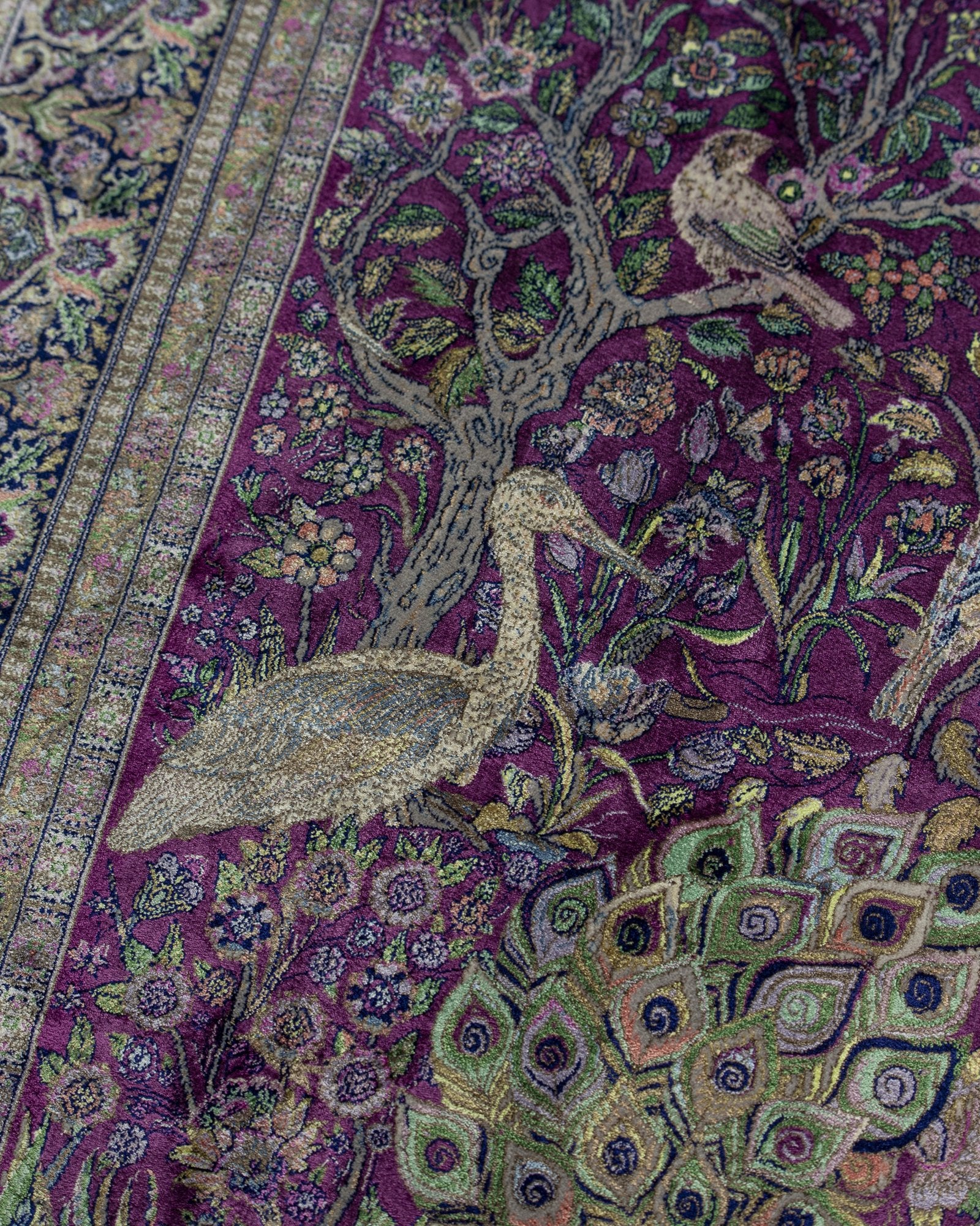 Anahita Persian silk and wool carpet corner and fringe detail, aubergine 225x150 cm - Tabeer Homes Dubai