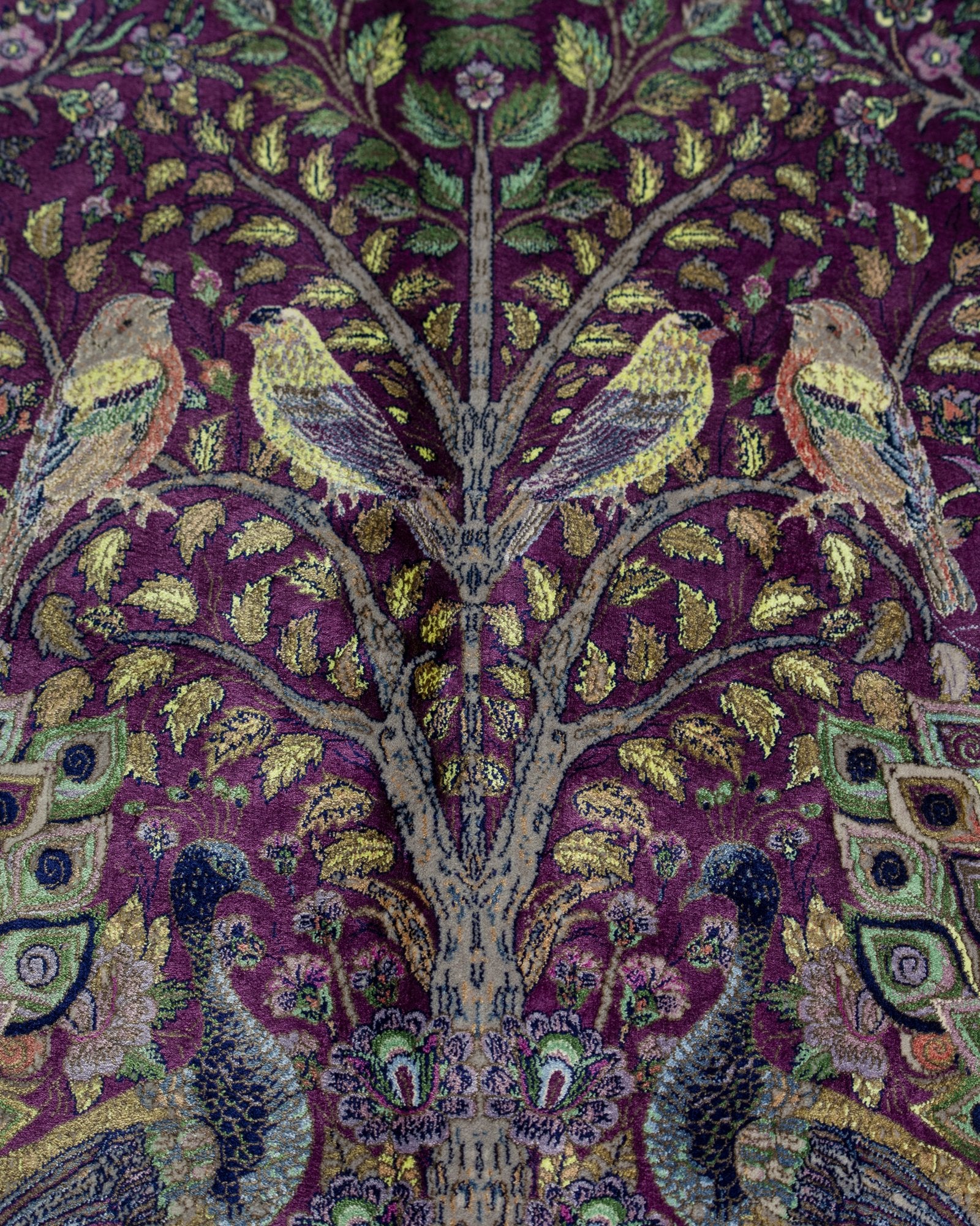 Anahita Persian silk and wool carpet pile texture close-up, aubergine 225x150 cm - Tabeer Homes Dubai