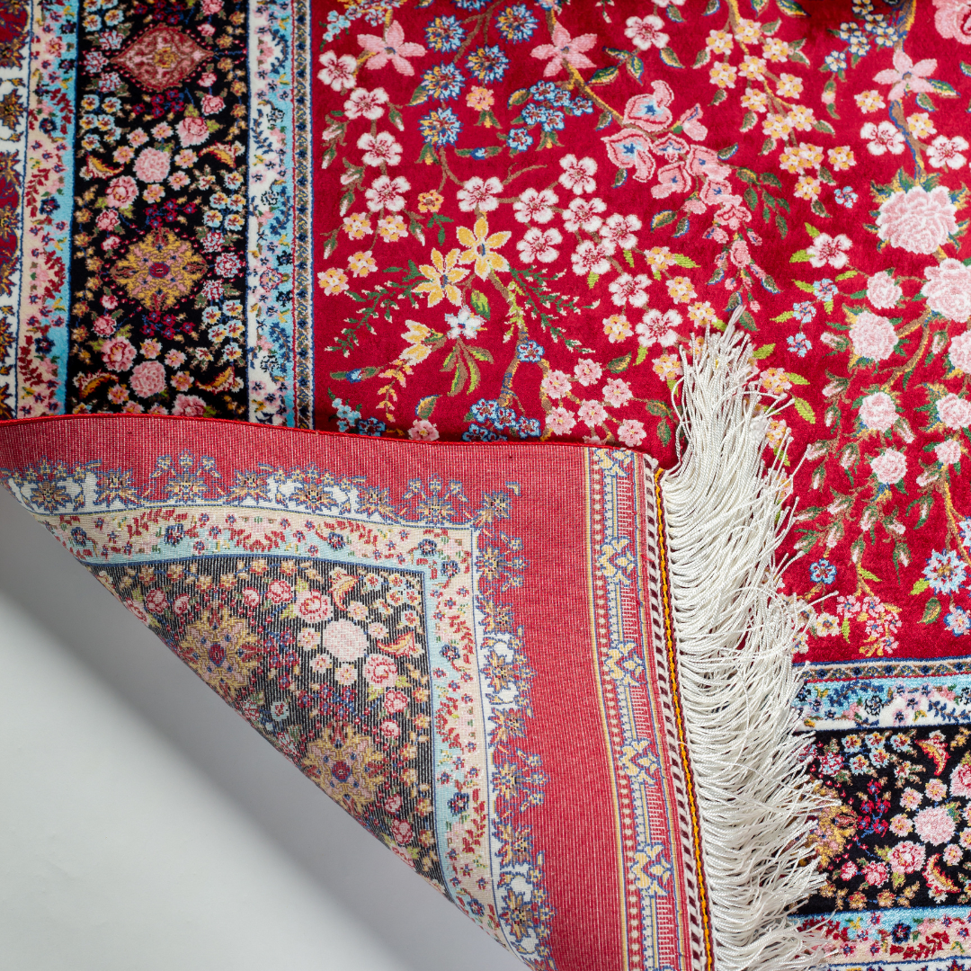 Ardena silk rug in 150x100 cm with beige base, bird and floral motifs, and intricate multicolor detailing.