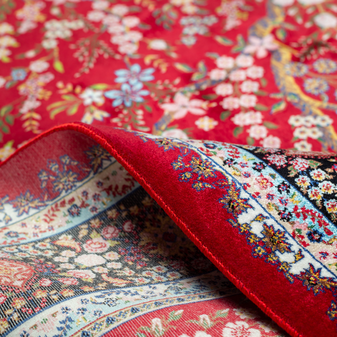 Ardena silk rug in 150x100 cm with beige base, bird and floral motifs, and intricate multicolor detailing.