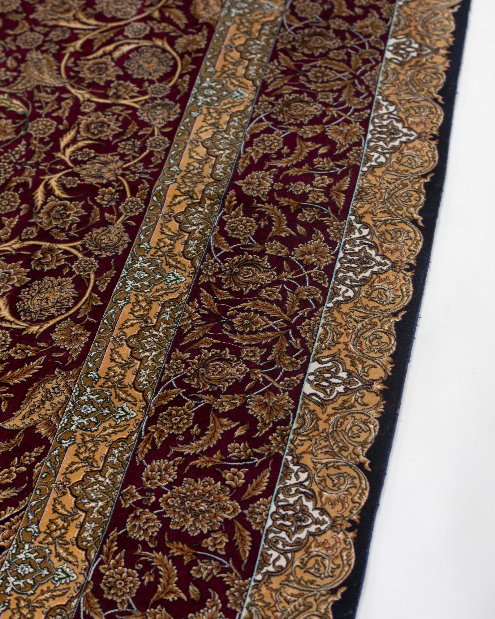Ardeshir silk carpet angled view showing burgundy tones, 200 x 300 cm - Tabeer Homes Dubai