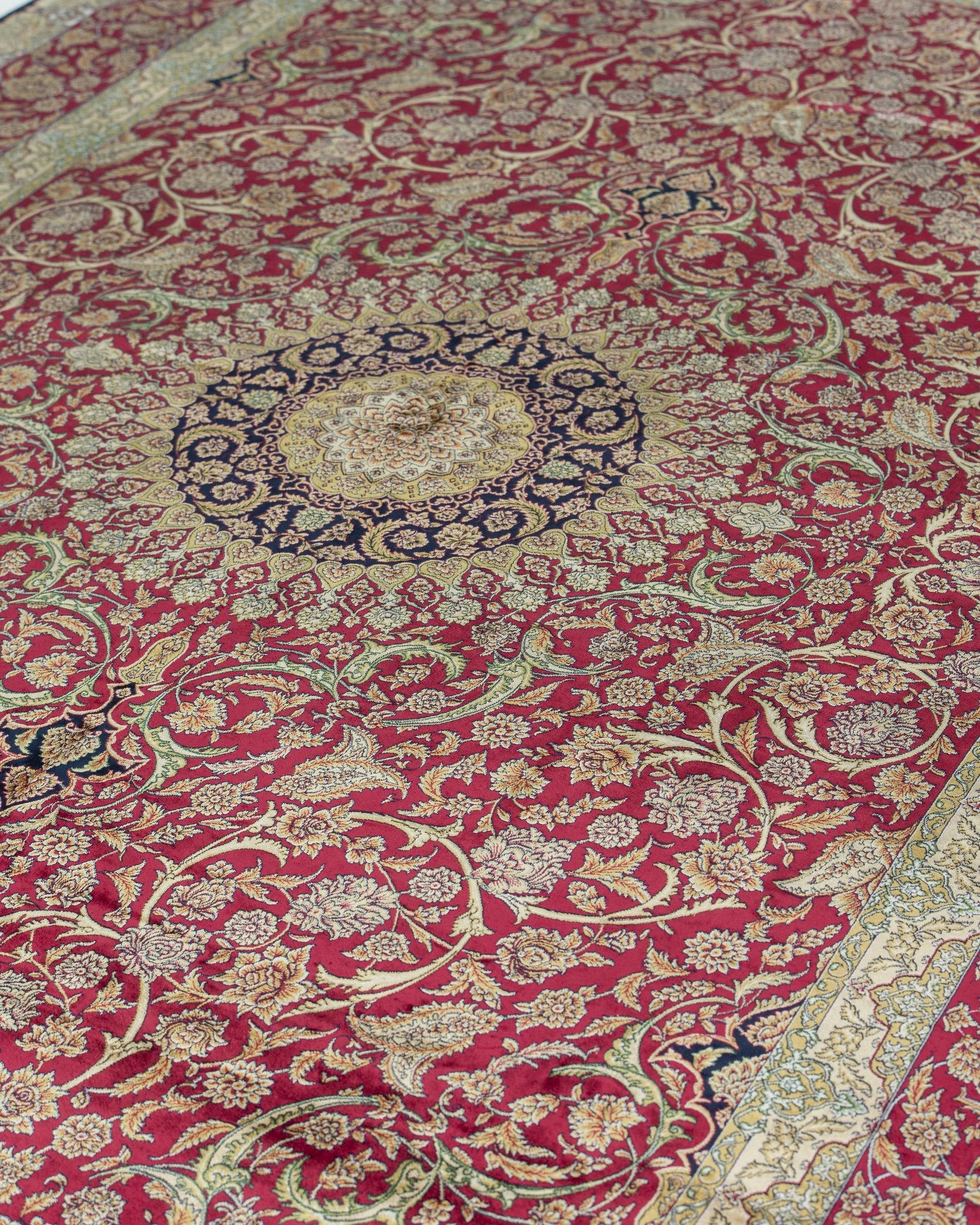 Ardeshir Persian silk rug folded corner showing fine weave, burgundy 200 x 300 cm - Tabeer Homes Dubai