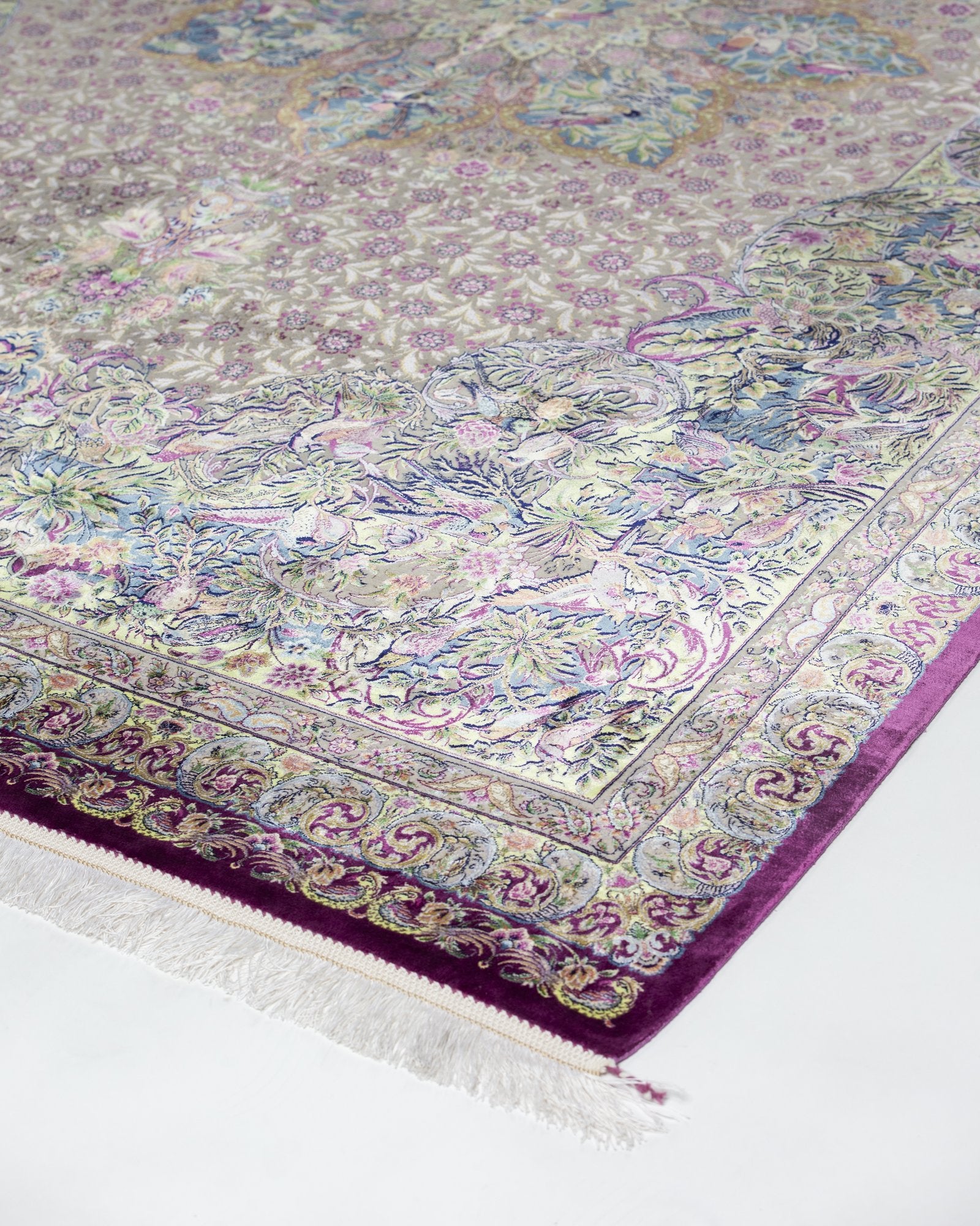 Arezoo Persian silk and wool carpet design detail in silver lilac, 200 x 300 cm - Tabeer Homes Dubai