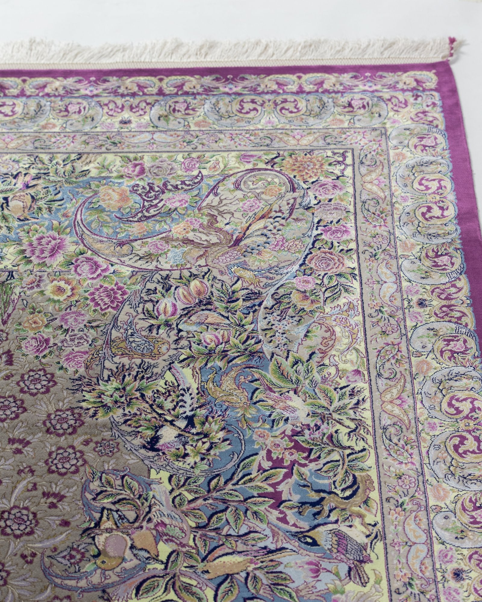 Arezoo silk and wool carpet angled view showing silver lilac tones, 200 x 300 cm - Tabeer Homes Dubai