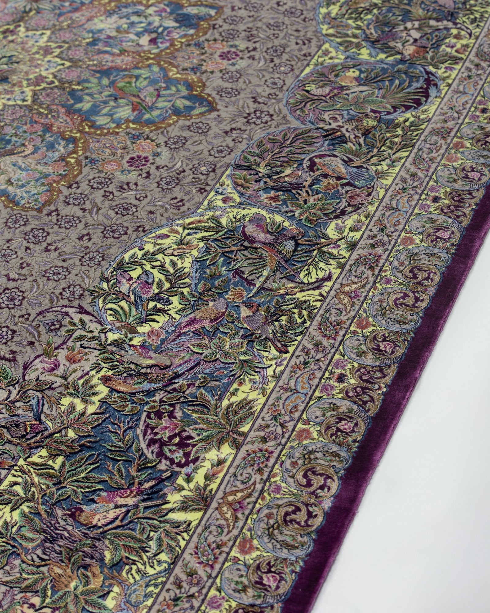 Arezoo Persian silk and wool rug folded corner showing fine weave, silver lilac 200 x 300 cm - Tabeer Homes Dubai
