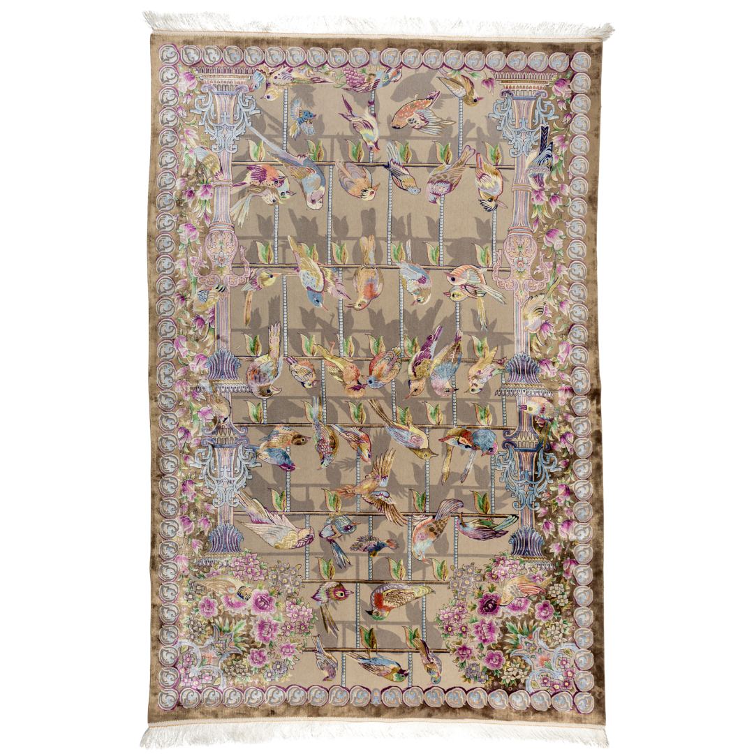Handwoven silk rug featuring birds on a beige grid, floral corners, and classical columns. A joyful yet elegant statement piece.