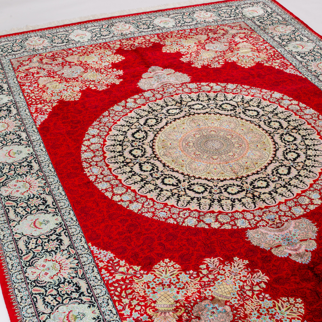 Azmeen Silk Rug in 200x300 cm featuring a red base, central ivory medallion, and ornate silk border design.