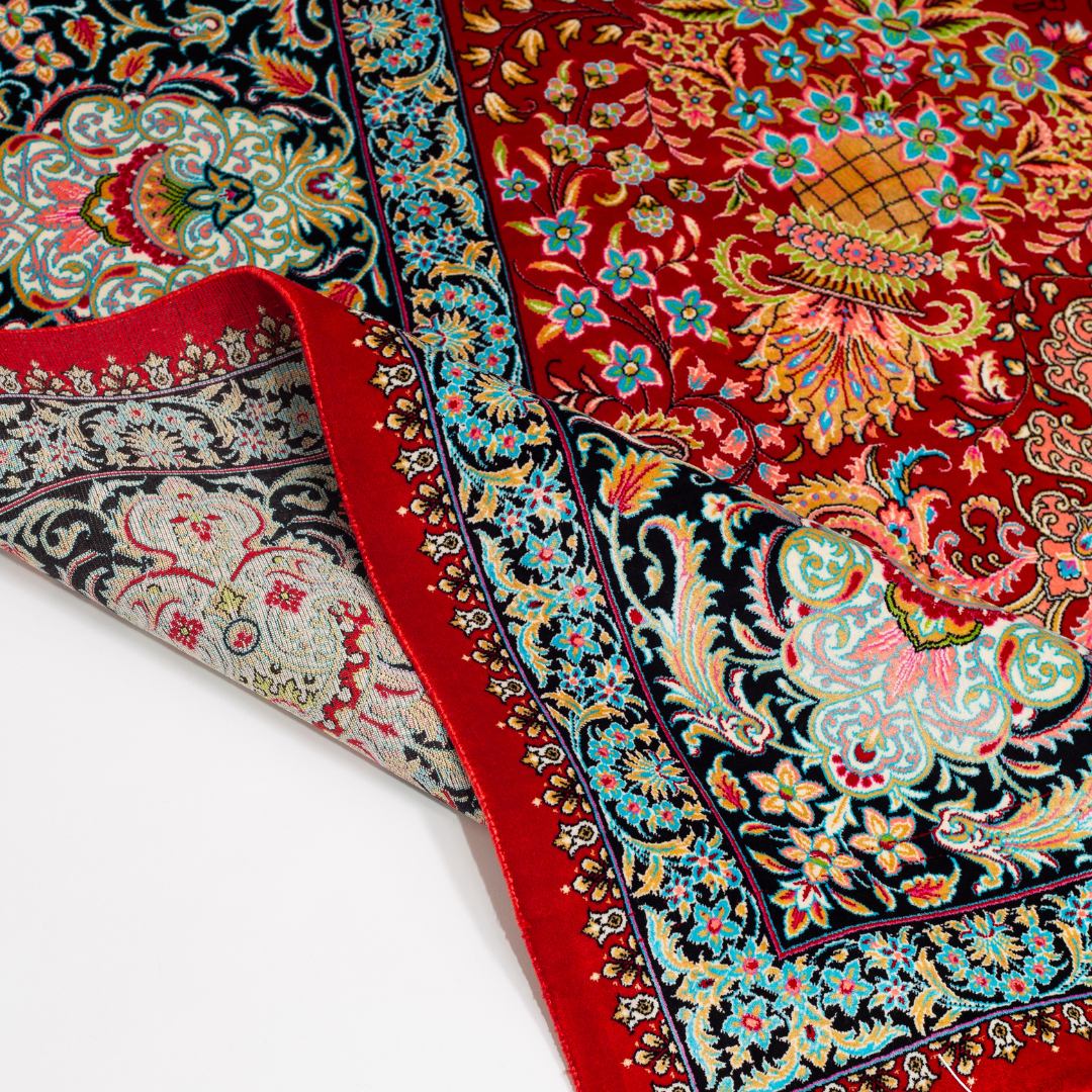 Azmeen Silk Rug in 200x300 cm featuring a red base, central ivory medallion, and ornate silk border design.