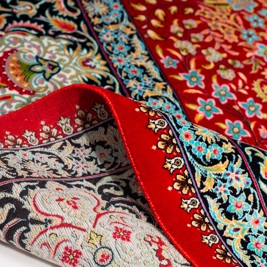 Azmeen Silk Rug in 200x300 cm featuring a red base, central ivory medallion, and ornate silk border design.