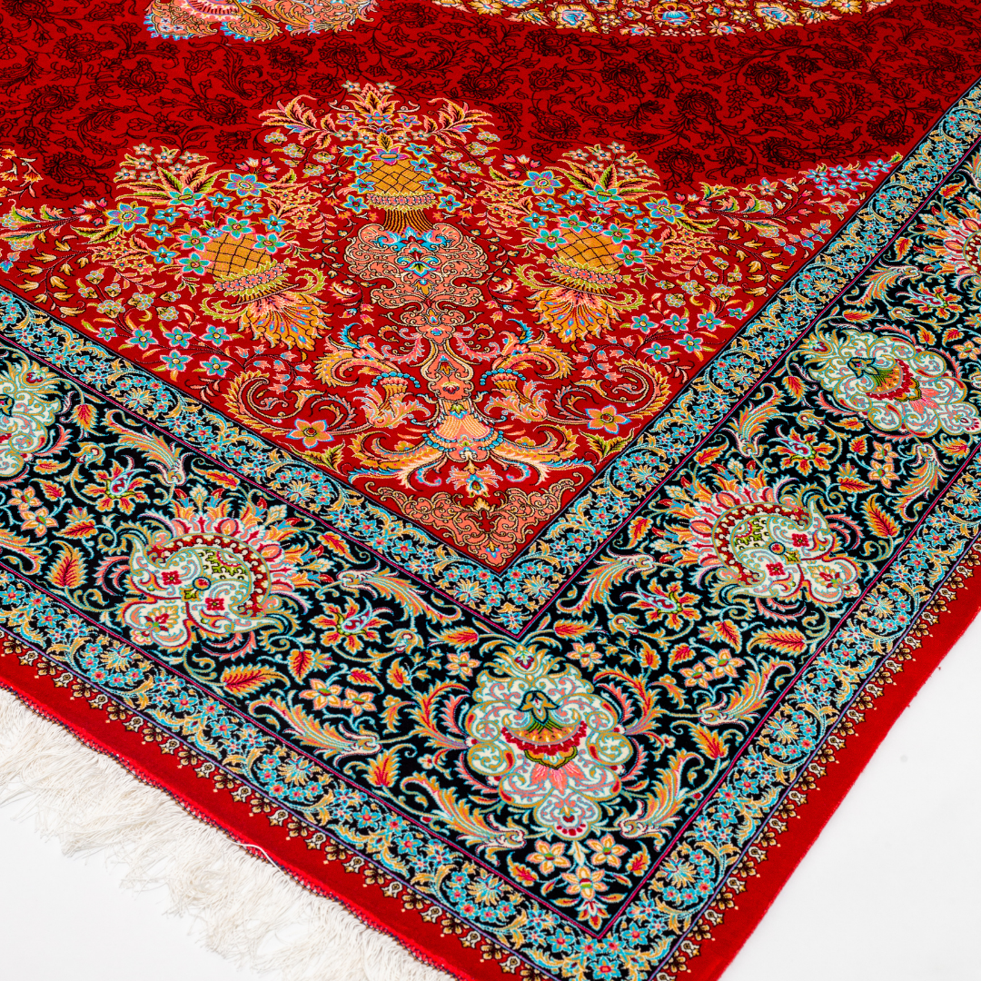 Azmeen Silk Rug in 200x300 cm featuring a red base, central ivory medallion, and ornate silk border design.