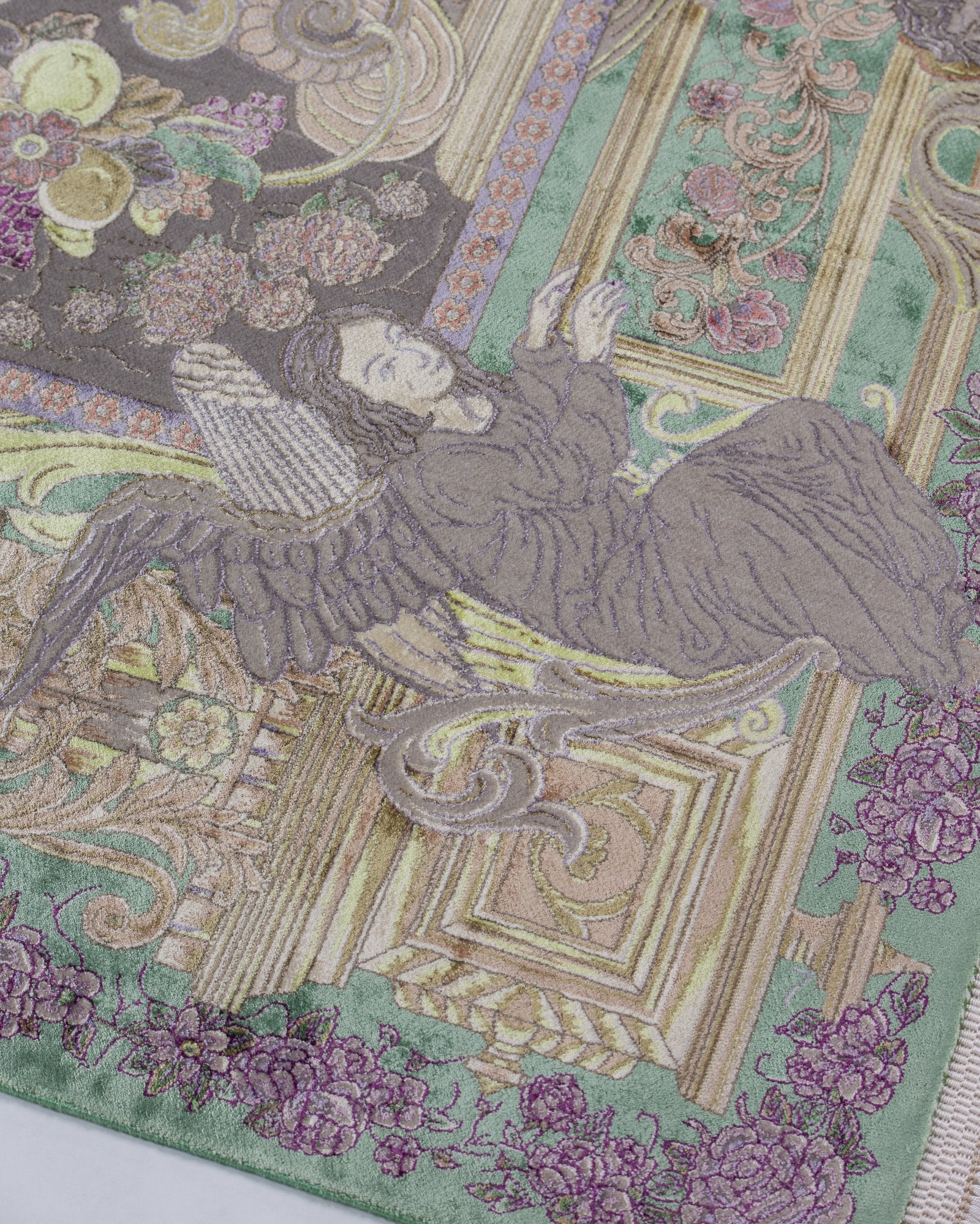 Bahareh Persian silk and wool carpet design detail in sage green, 225 x 150 cm - Tabeer Homes Dubai