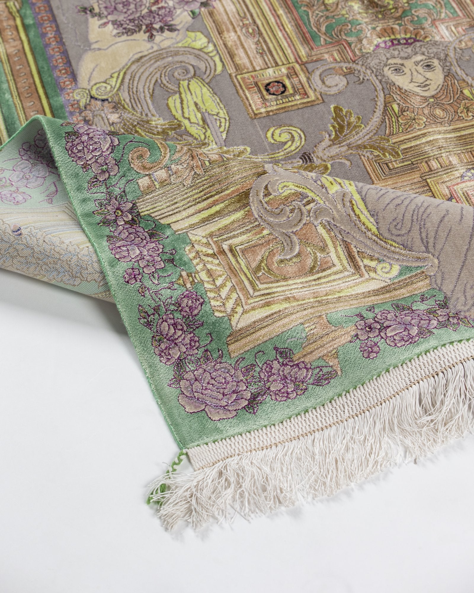Bahareh silk and wool carpet floral motif close-up in sage green, 225 x 150 cm - Tabeer Homes Dubai