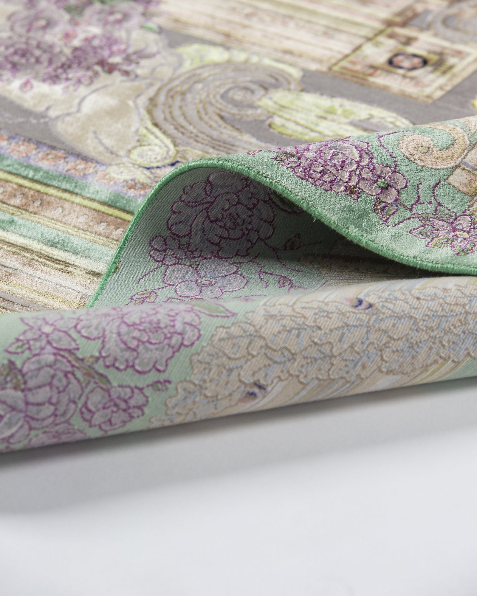 Bahareh Persian silk and wool rug folded corner showing fine weave, sage green 225 x 150 cm - Tabeer Homes Dubai
