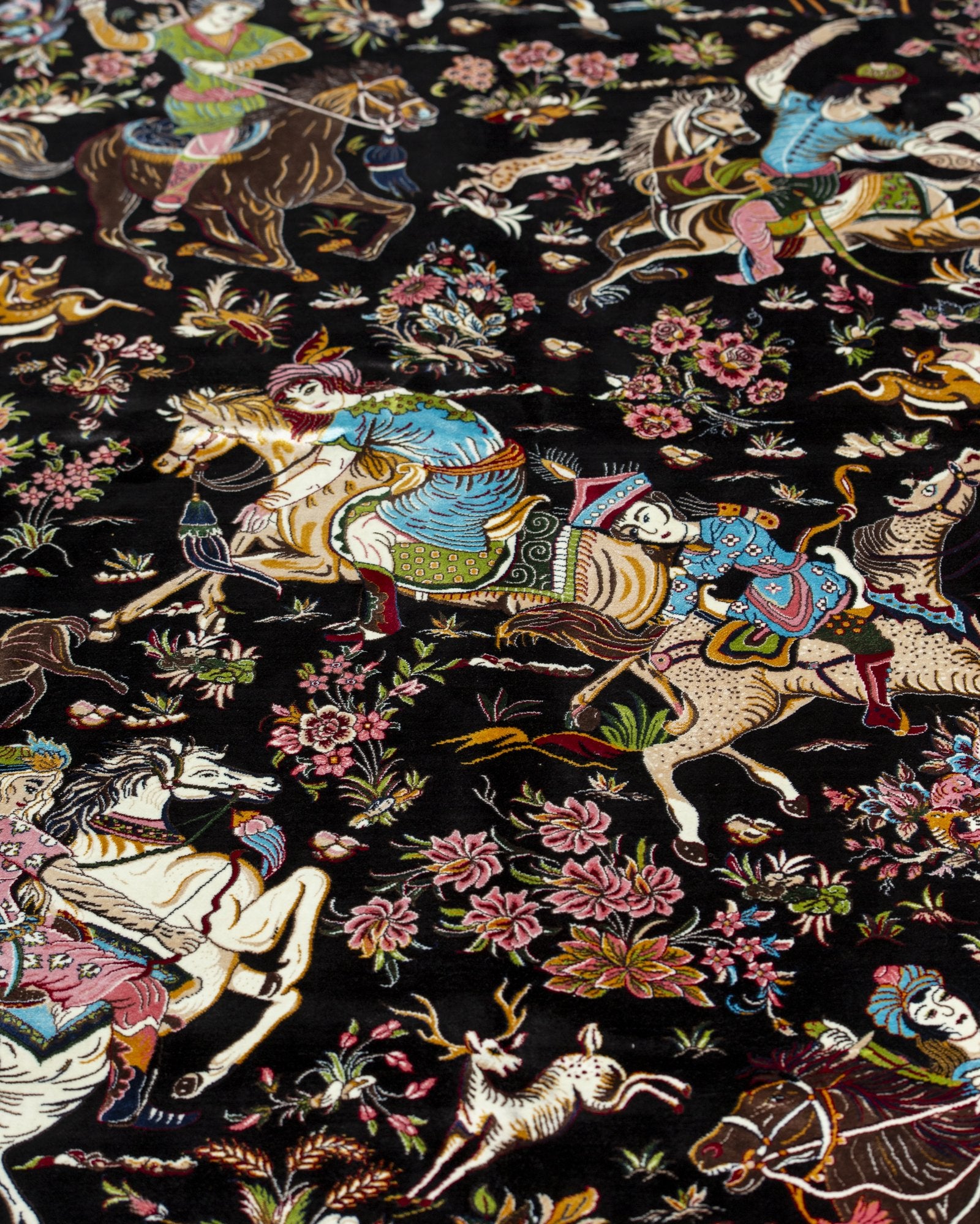 Bahram Persian silk carpet design detail, black 225x150 cm - Tabeer Homes Dubai