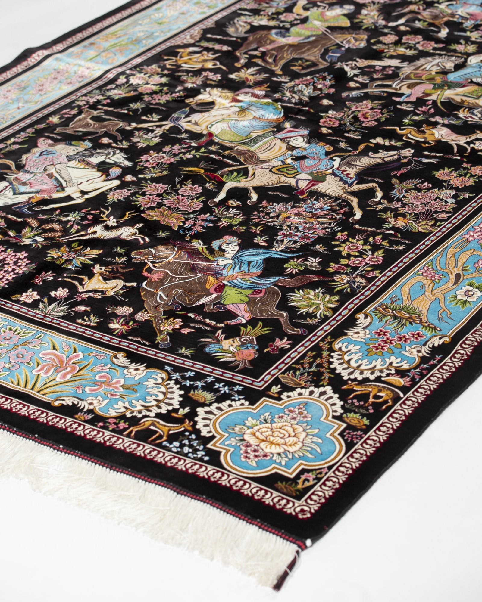 Bahram Persian silk carpet pile texture close-up, black 225x150 cm - Tabeer Homes Dubai