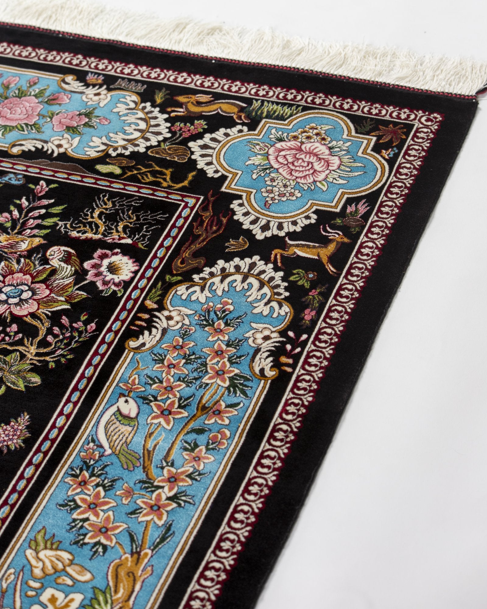 Bahram Persian silk carpet reverse and selvedge detail, black 225x150 cm - Tabeer Homes Dubai
