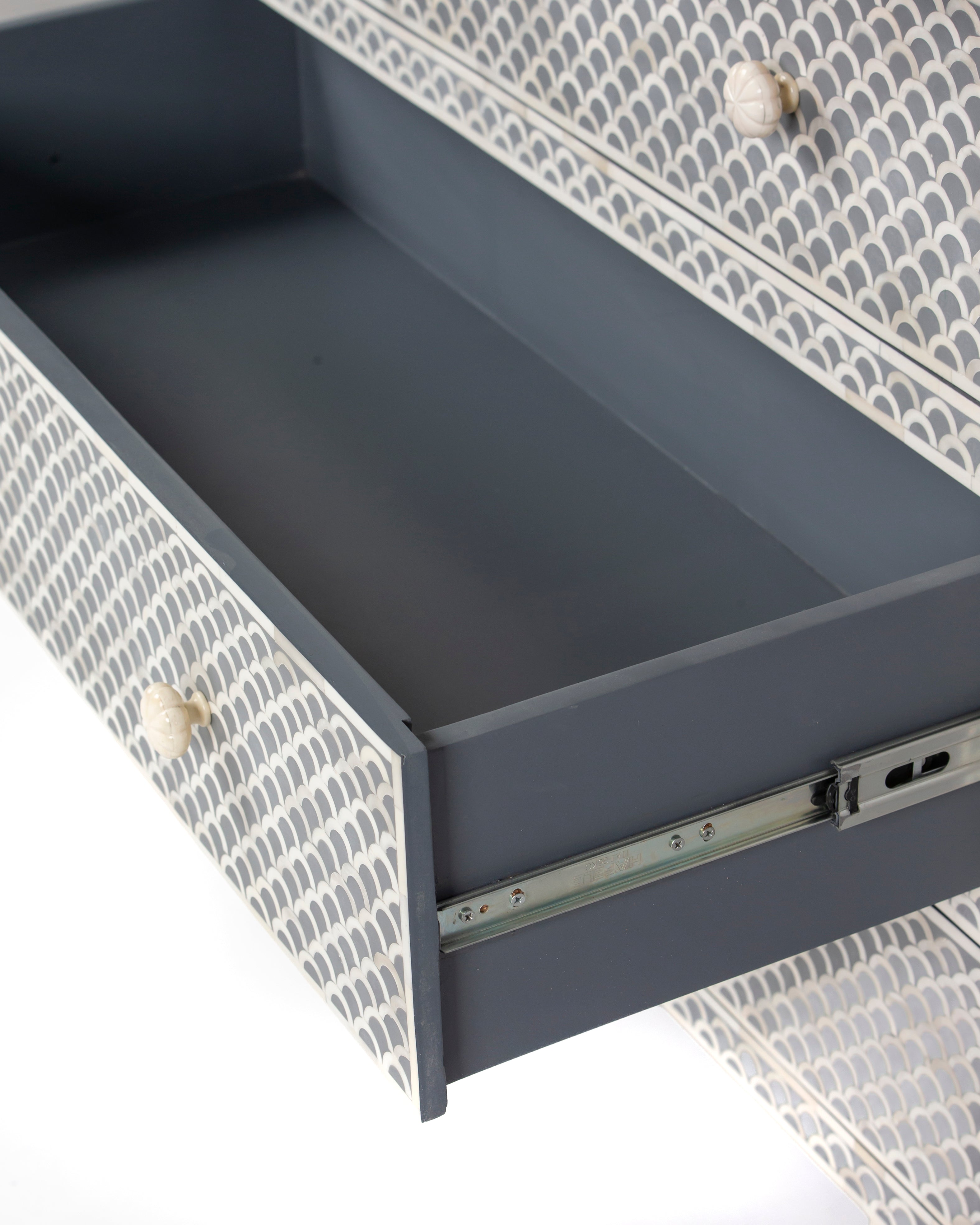 Grey painted drawer interior of Basel bone inlay chest of drawers