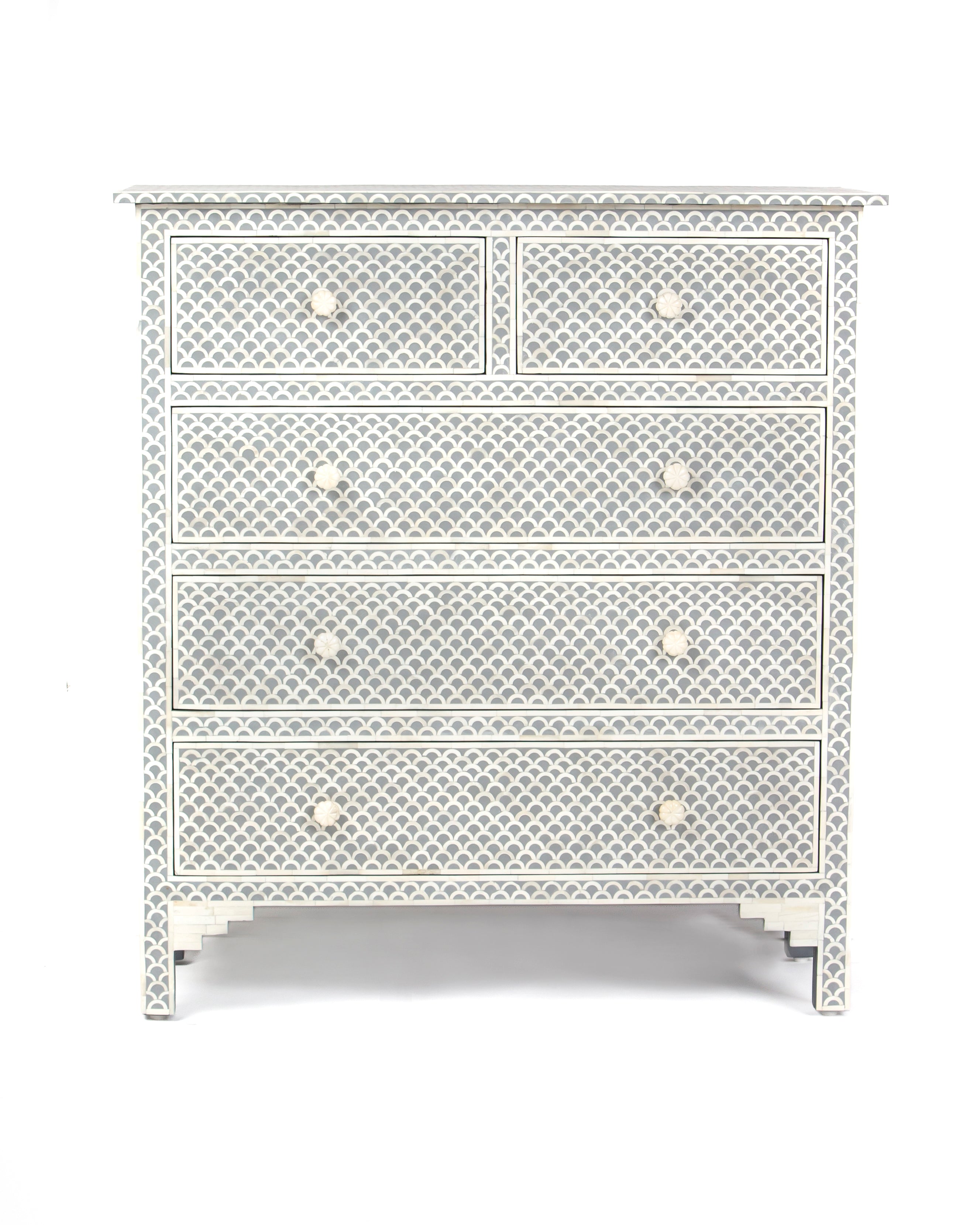 Basel tall grey chest of drawers with fish scale bone inlay, front view