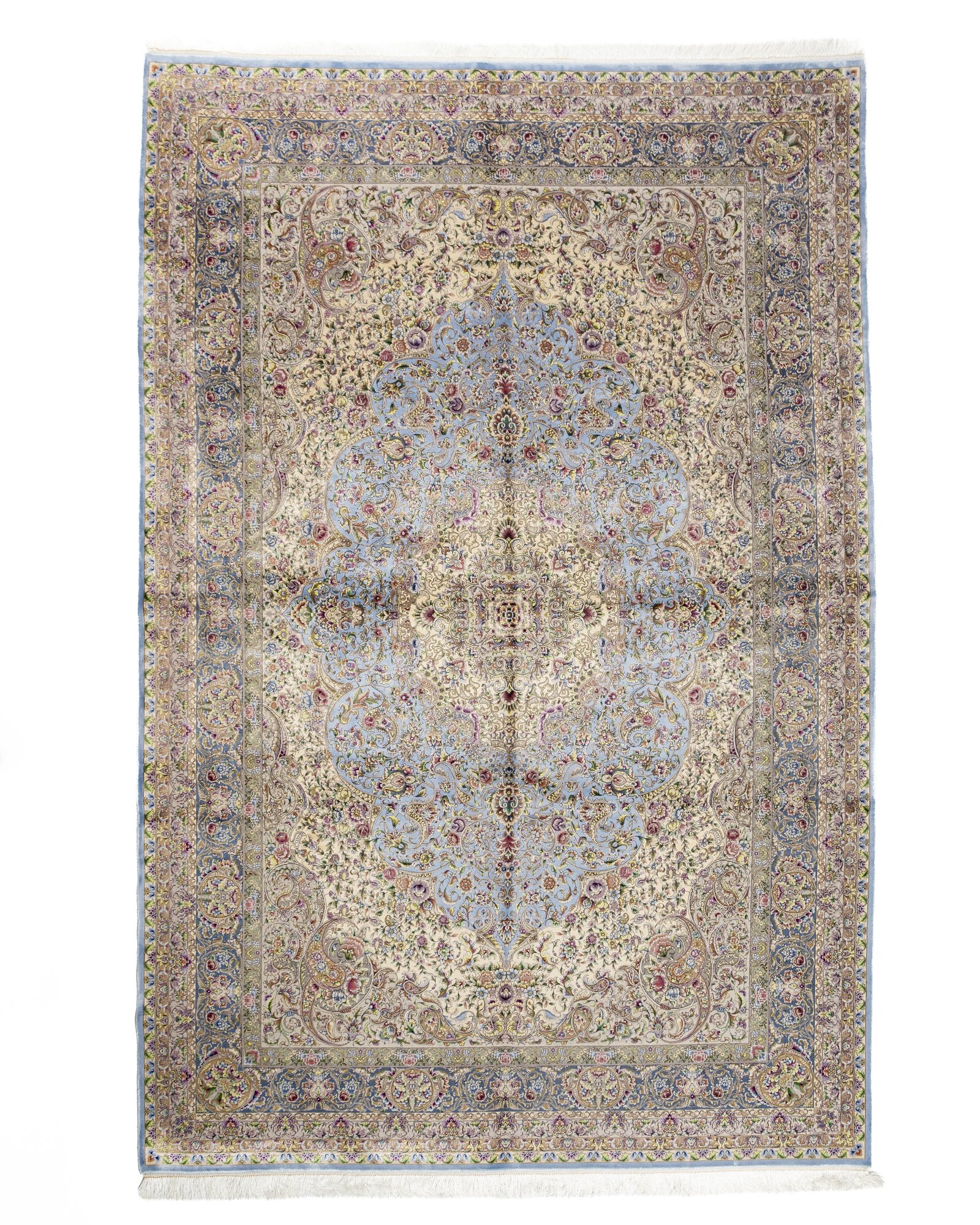 Bianca Persian silk and wool carpet 200 x 300 cm in pearl grey, full overhead view - Tabeer Homes Dubai