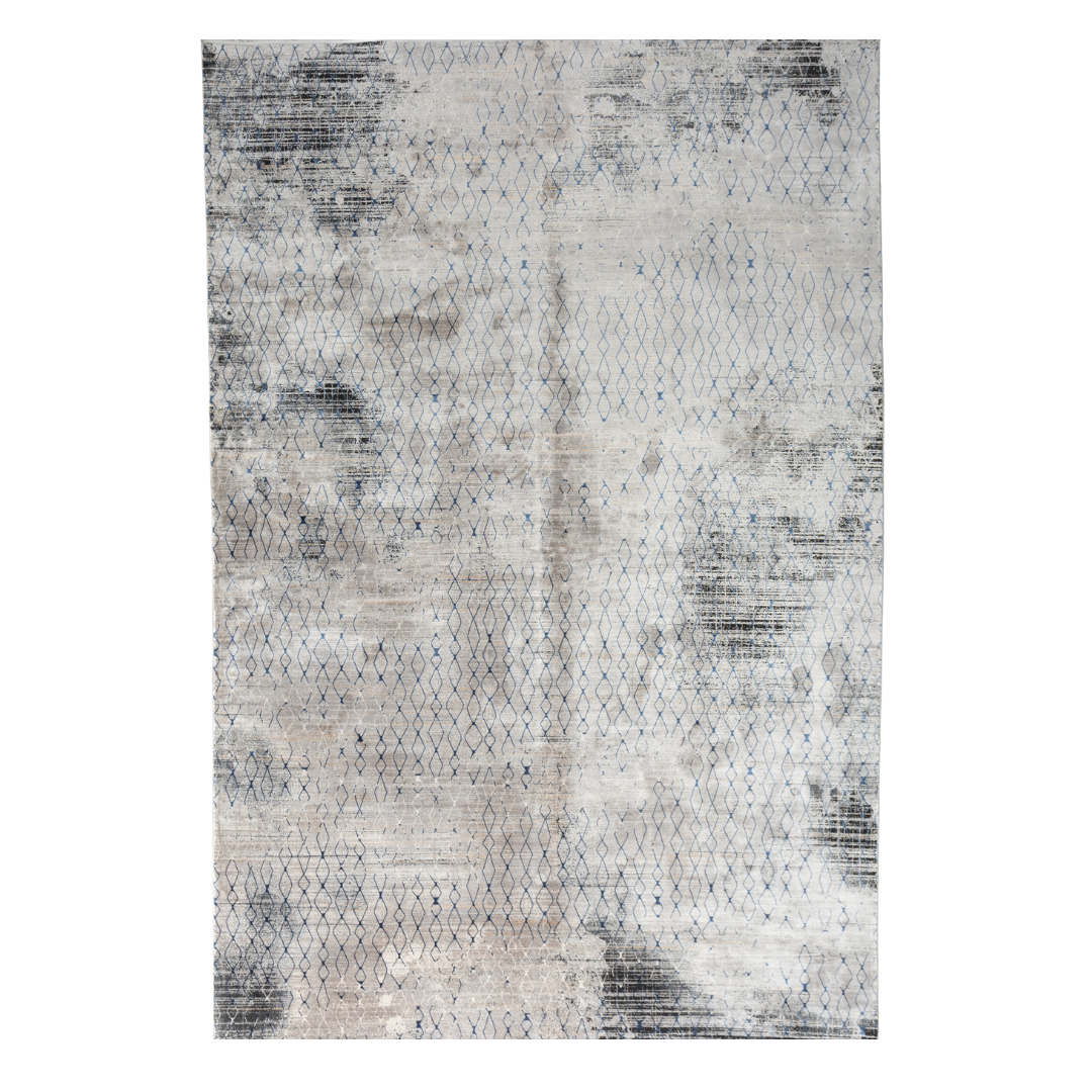 Caldre cotton Rug in 200x300 cms with a distressed ivory base, taupe texture, and navy geometric lattice design, perfect for contemporary living spaces.