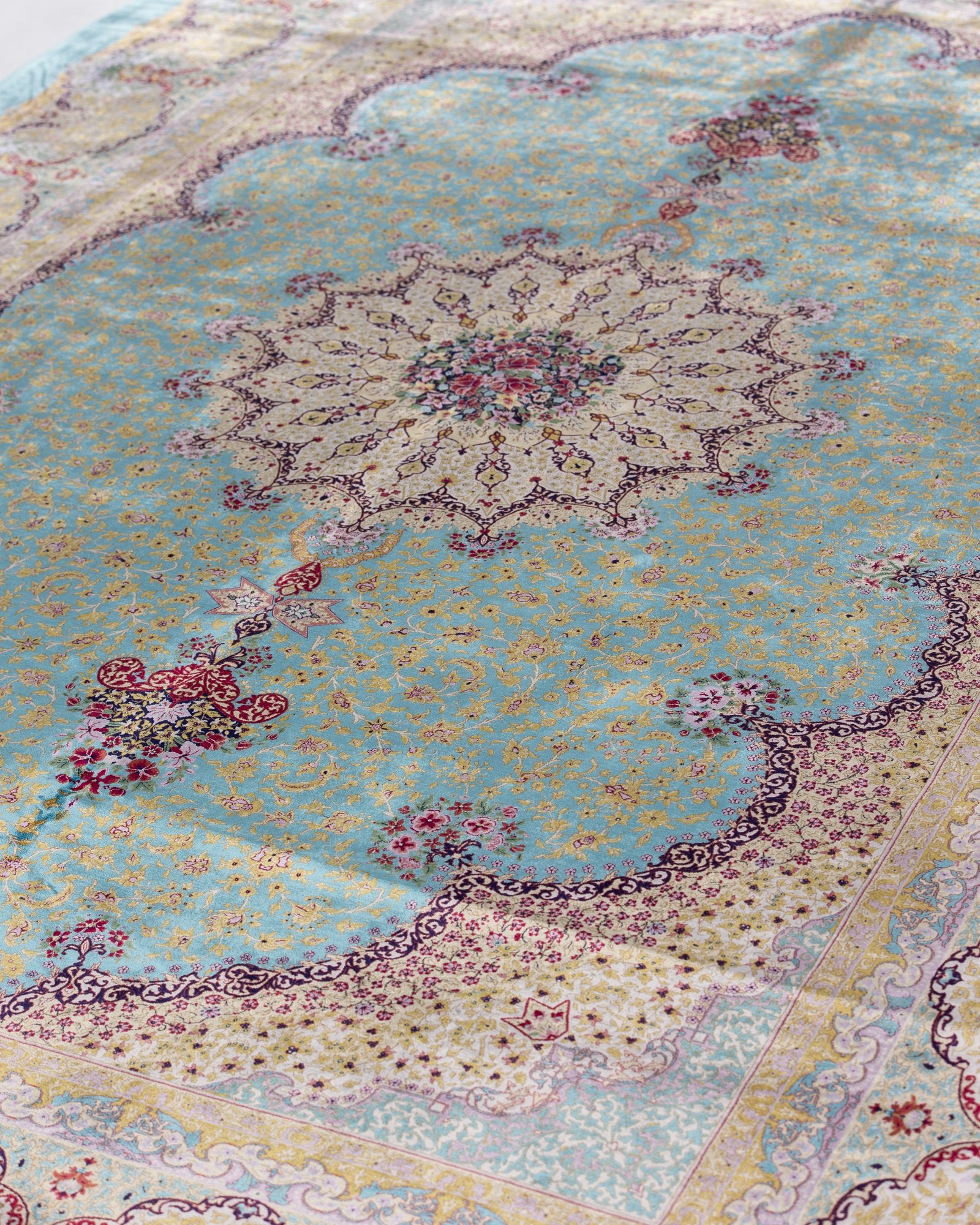 Camilla silk carpet floral motif close-up in aqua blue, 200 x 300 cm - Tabeer Homes Dubai