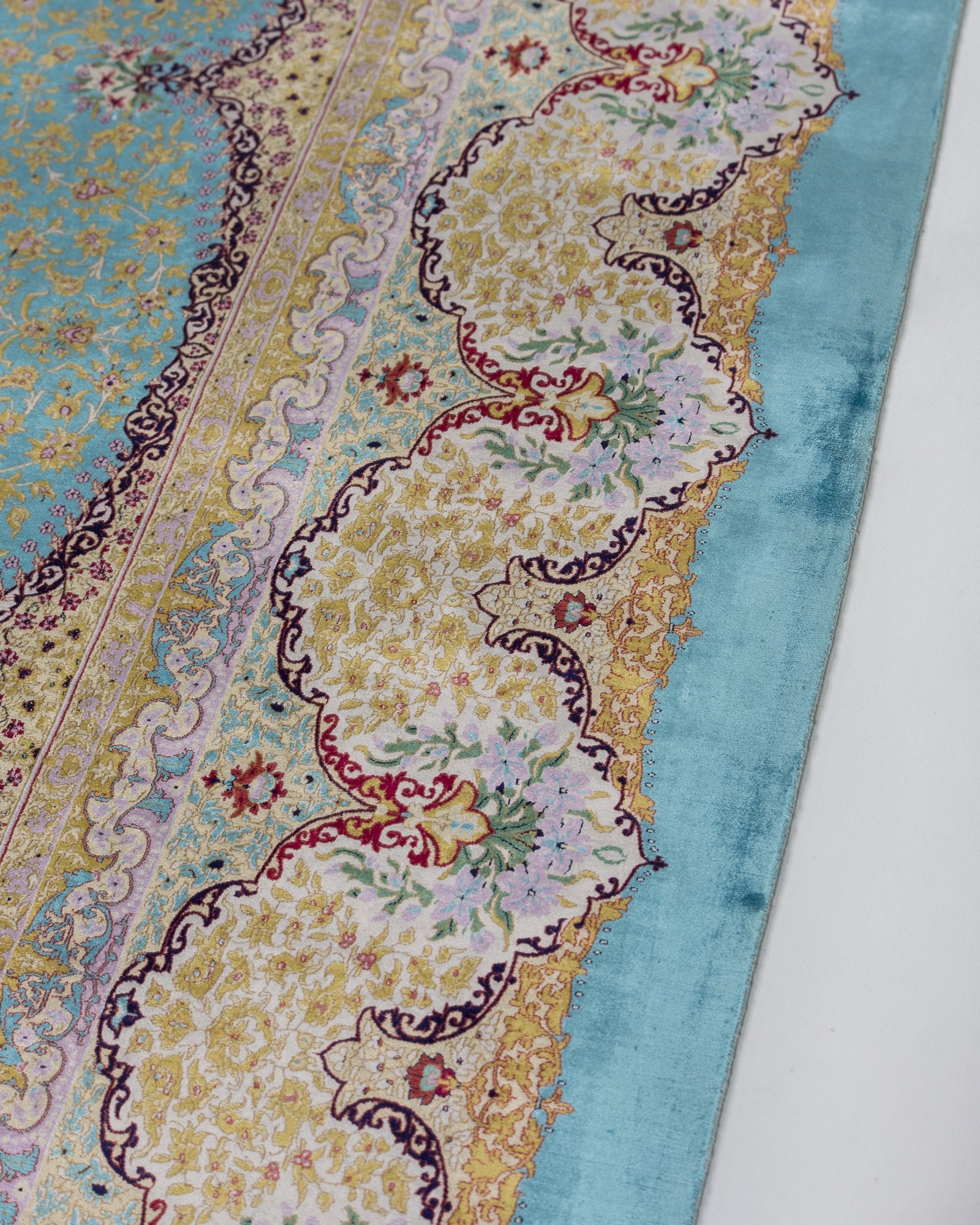 Camilla silk carpet field pattern detail in aqua blue, 200 x 300 cm - Tabeer Homes Dubai