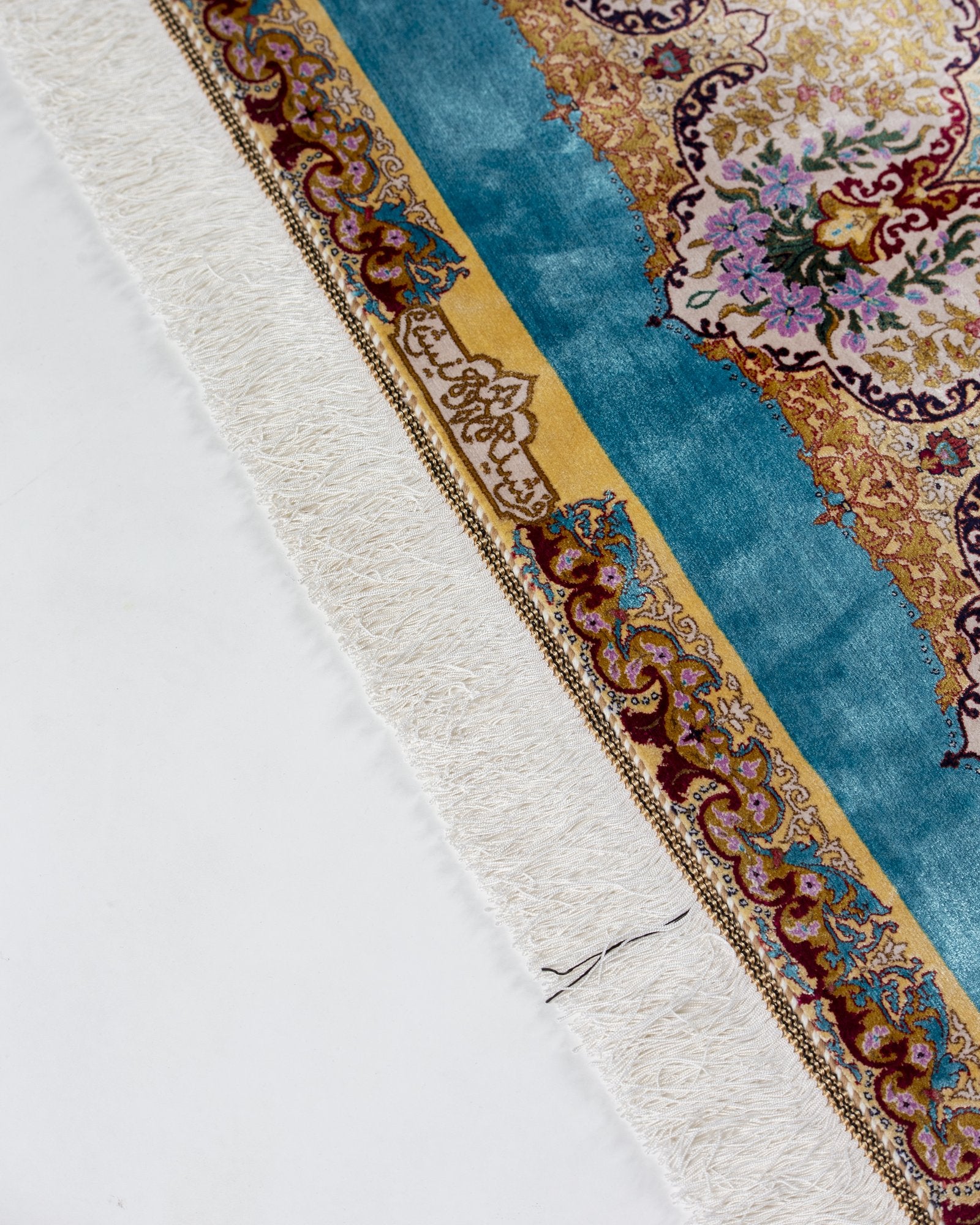 Camilla Persian silk rug side view showing depth of colour, aqua blue 200 x 300 cm - Tabeer Homes Dubai