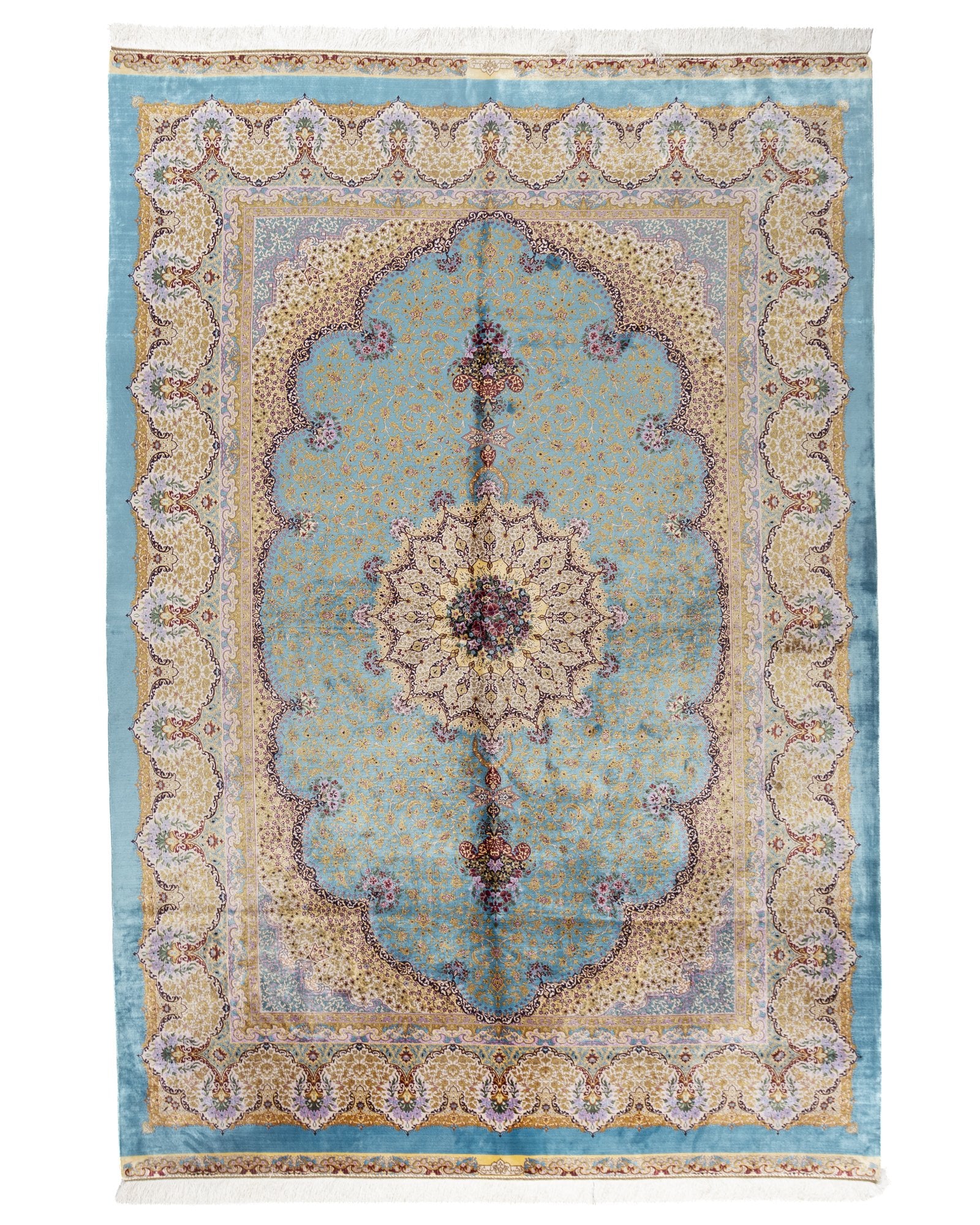 Camilla Persian silk carpet 200 x 300 cm in aqua blue, full overhead view - Tabeer Homes Dubai