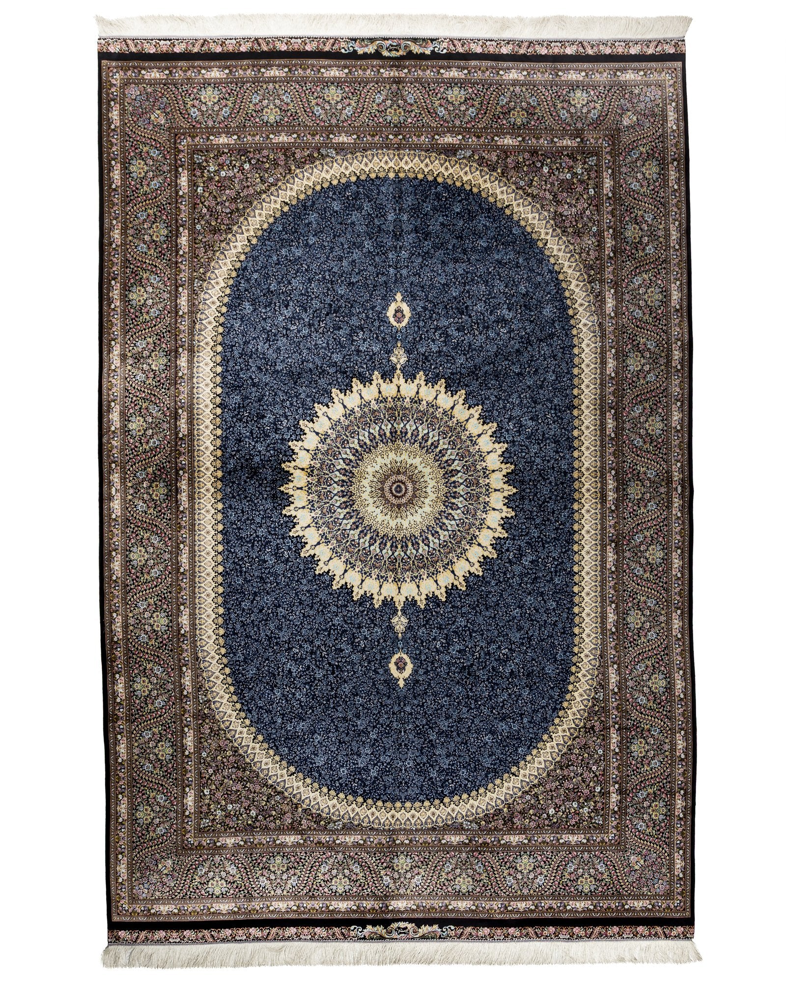 Cassia Persian silk carpet 200 x 300 cm in chocolate brown, full overhead view - Tabeer Homes Dubai