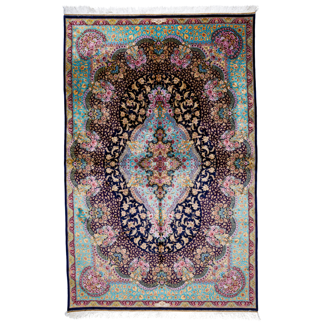 Luxurious silk rug with intricate medallion and floral design in jewel tones. Elegant handwoven detailing for sophisticated interiors.