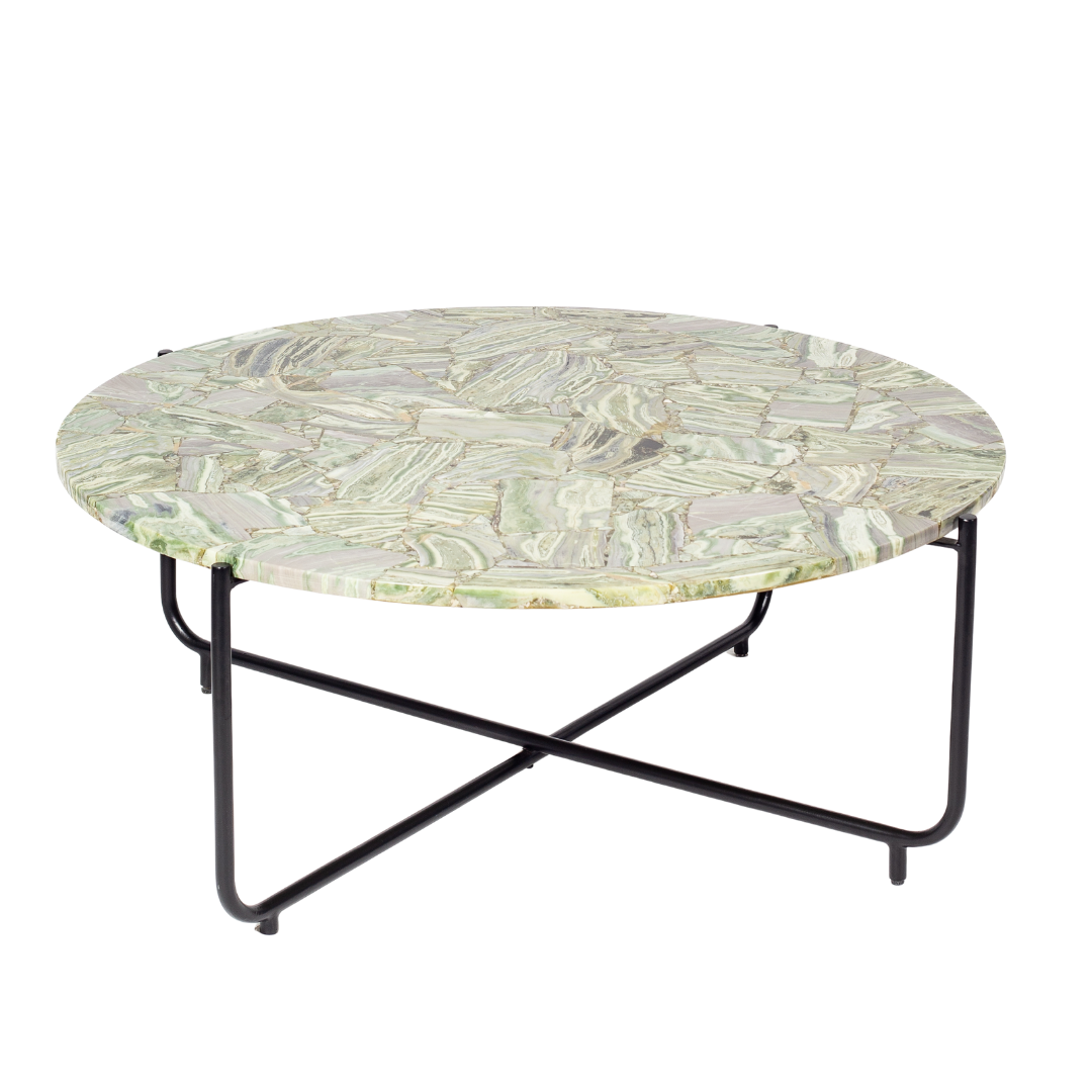 Handcrafted agate coffee table with round stone top and black metal base, artisan-made heritage piece.