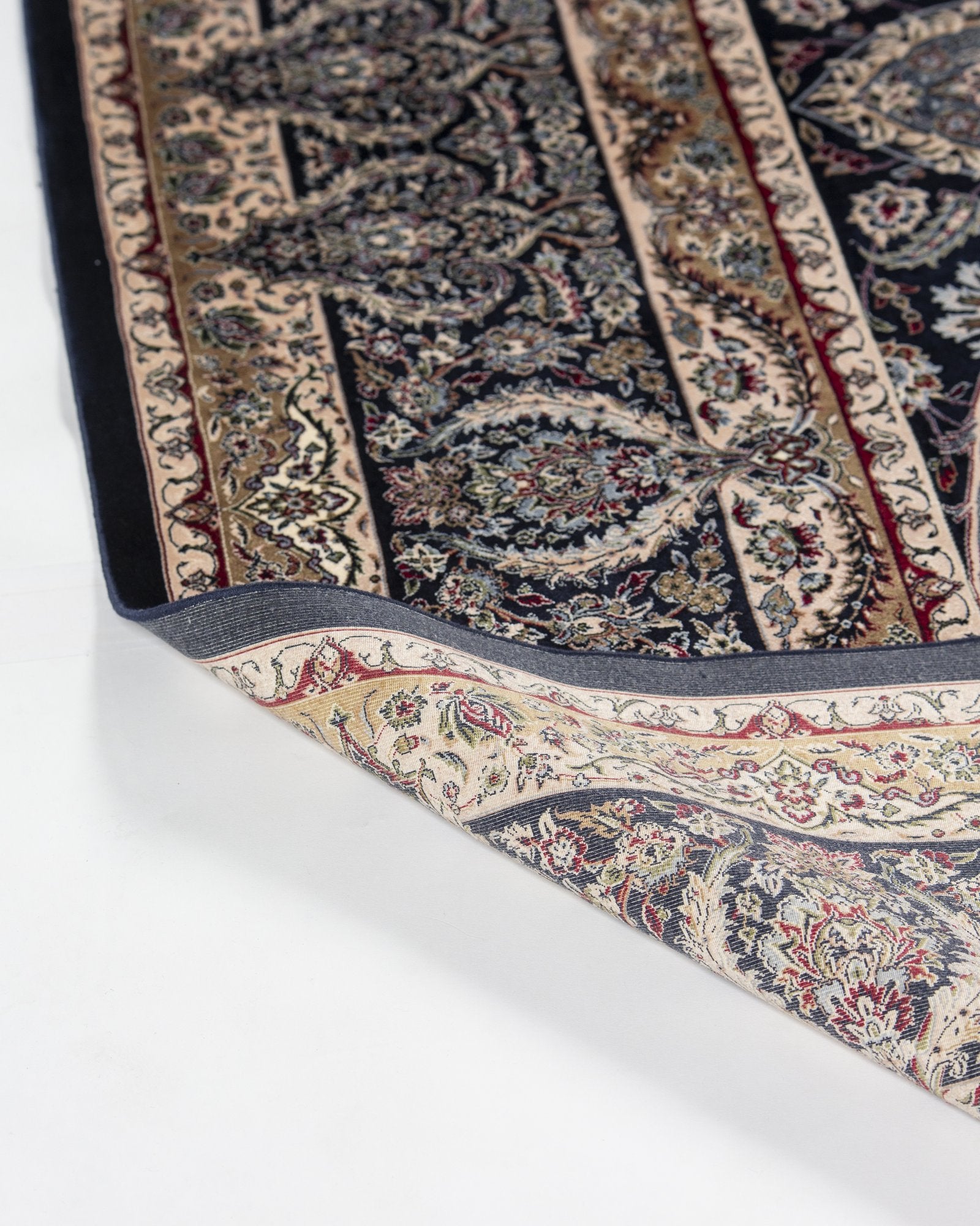 Cyrene silk carpet field pattern detail in midnight navy, 250 x 350 cm - Tabeer Homes Dubai