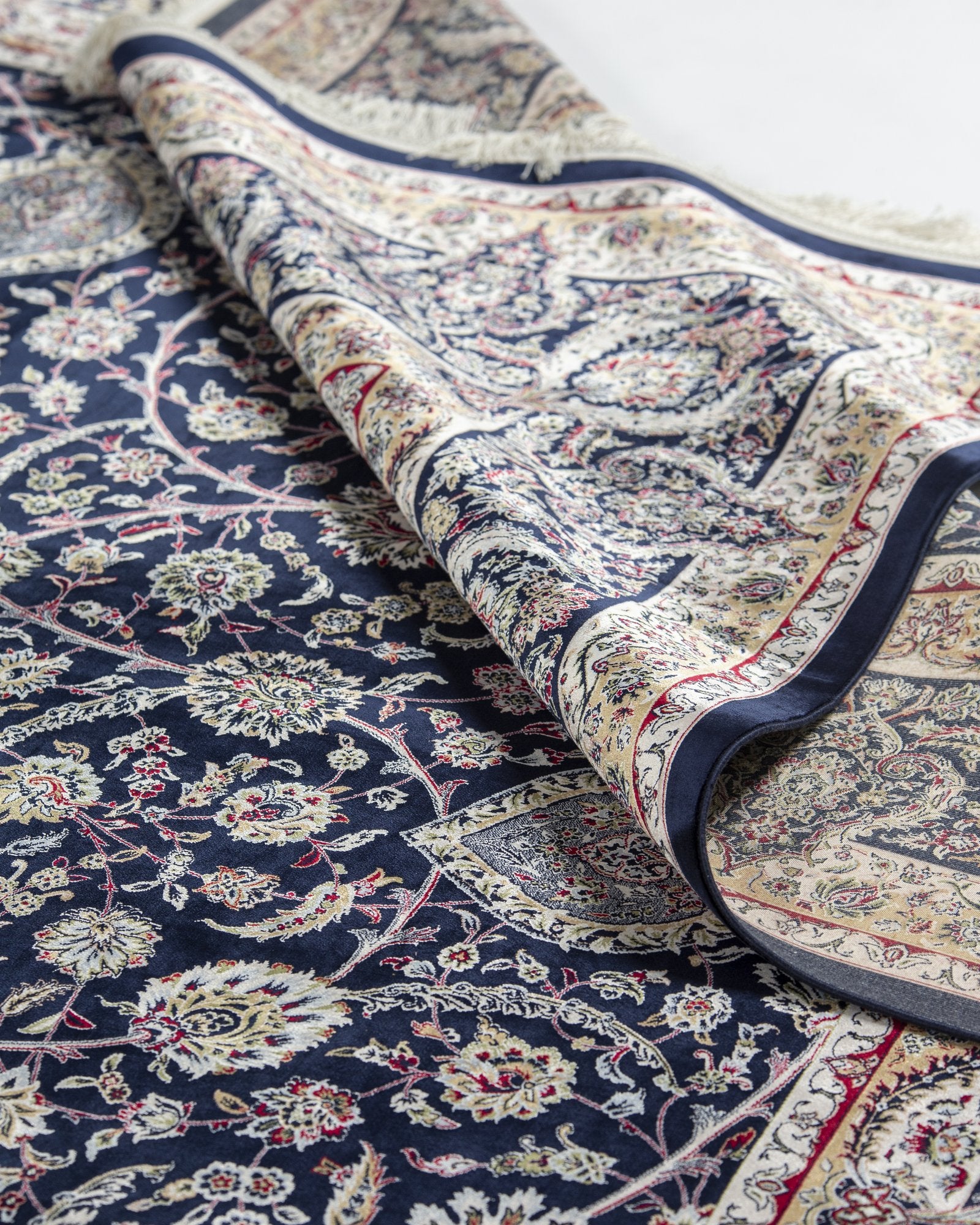 Cyrene silk carpet spandrel and guard border in midnight navy, 250 x 350 cm - Tabeer Homes Dubai
