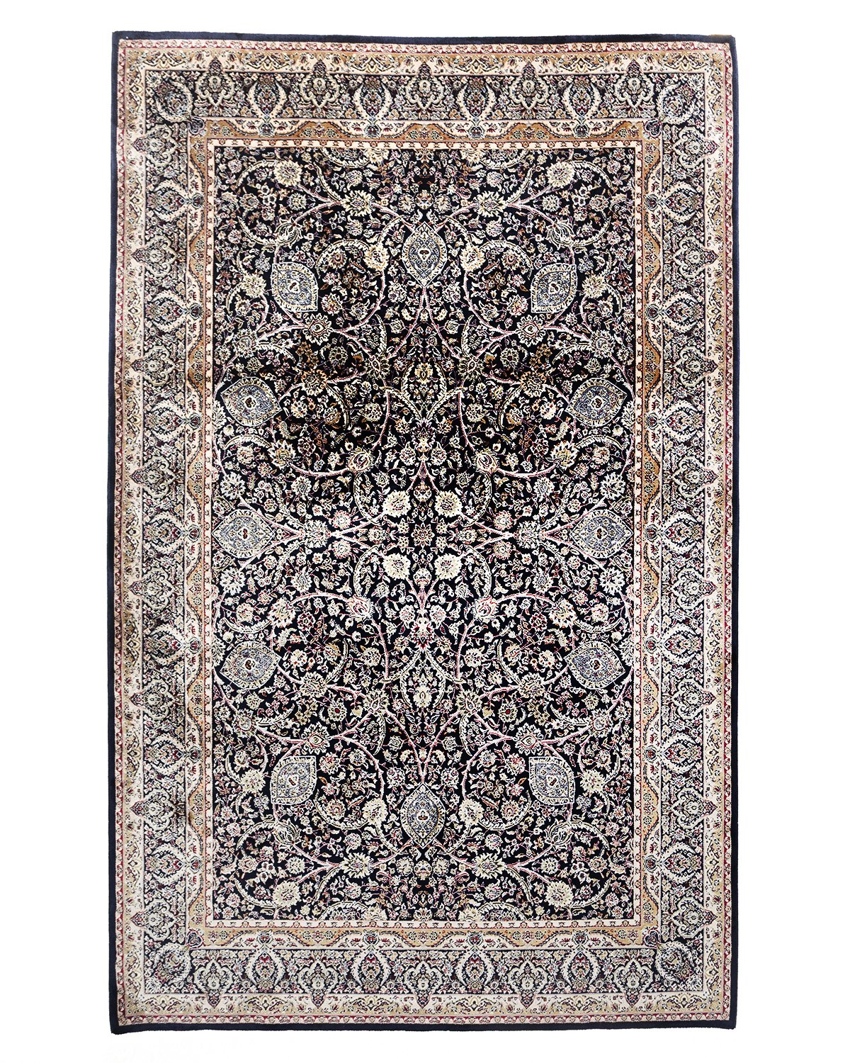 Cyrene Persian silk carpet 250 x 350 cm in midnight navy, full overhead view - Tabeer Homes Dubai