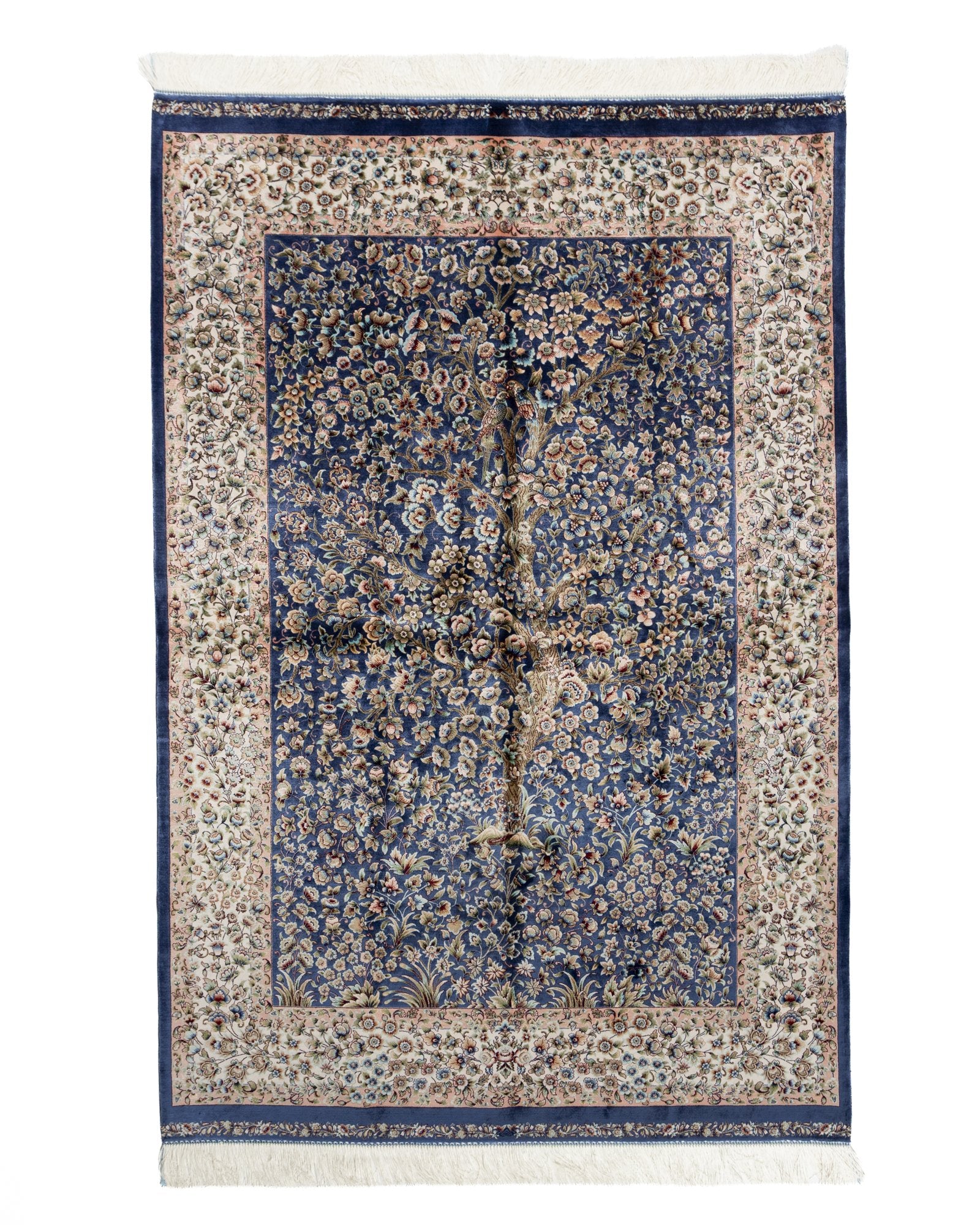 Delkash blue silk rug 180 x 120 cms with a floral field design