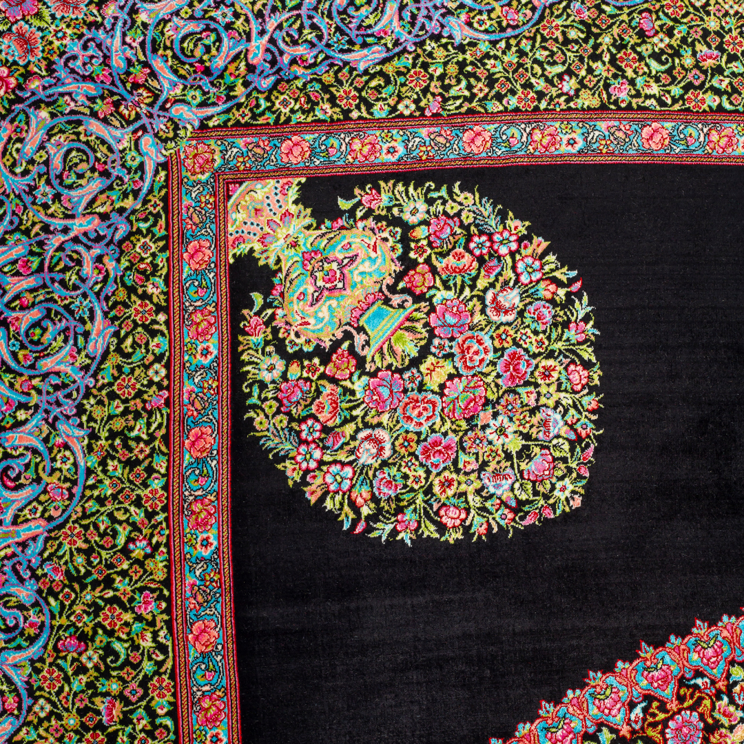 Elegant ivory silk rug featuring pastel floral medallion, delicate vines, and a golden glow. Handwoven to perfection with luxurious texture.