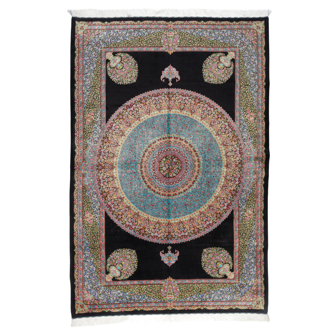 Elegant ivory silk rug featuring pastel floral medallion, delicate vines, and a golden glow. Handwoven to perfection with luxurious texture.