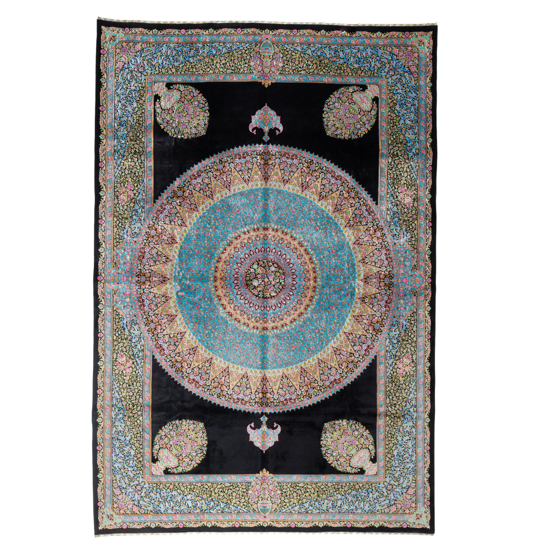 Luxurious silk rug featuring a central medallion in turquoise and pink, floral vases in corners, and ornate borders on a dark base.