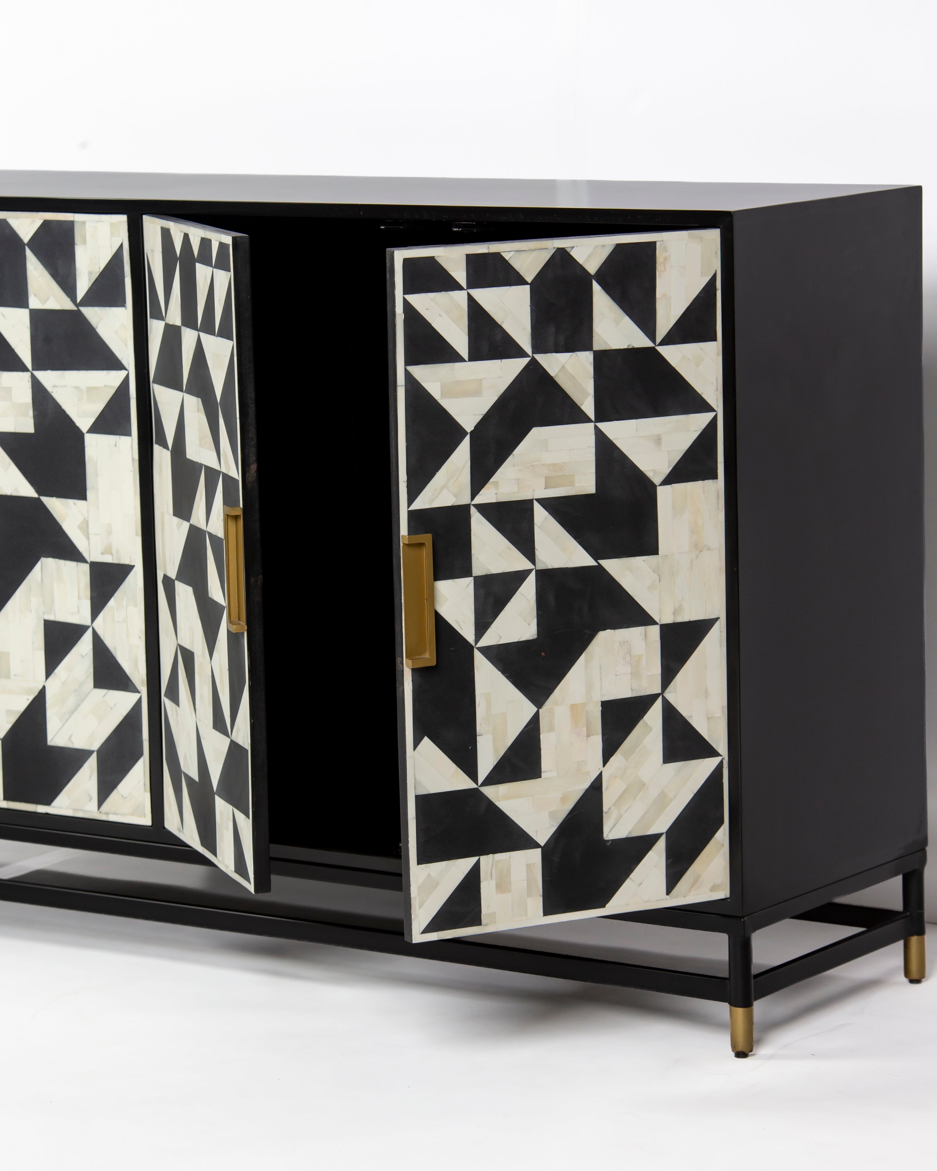 Angled view of Eve bone inlay cabinet with doors open