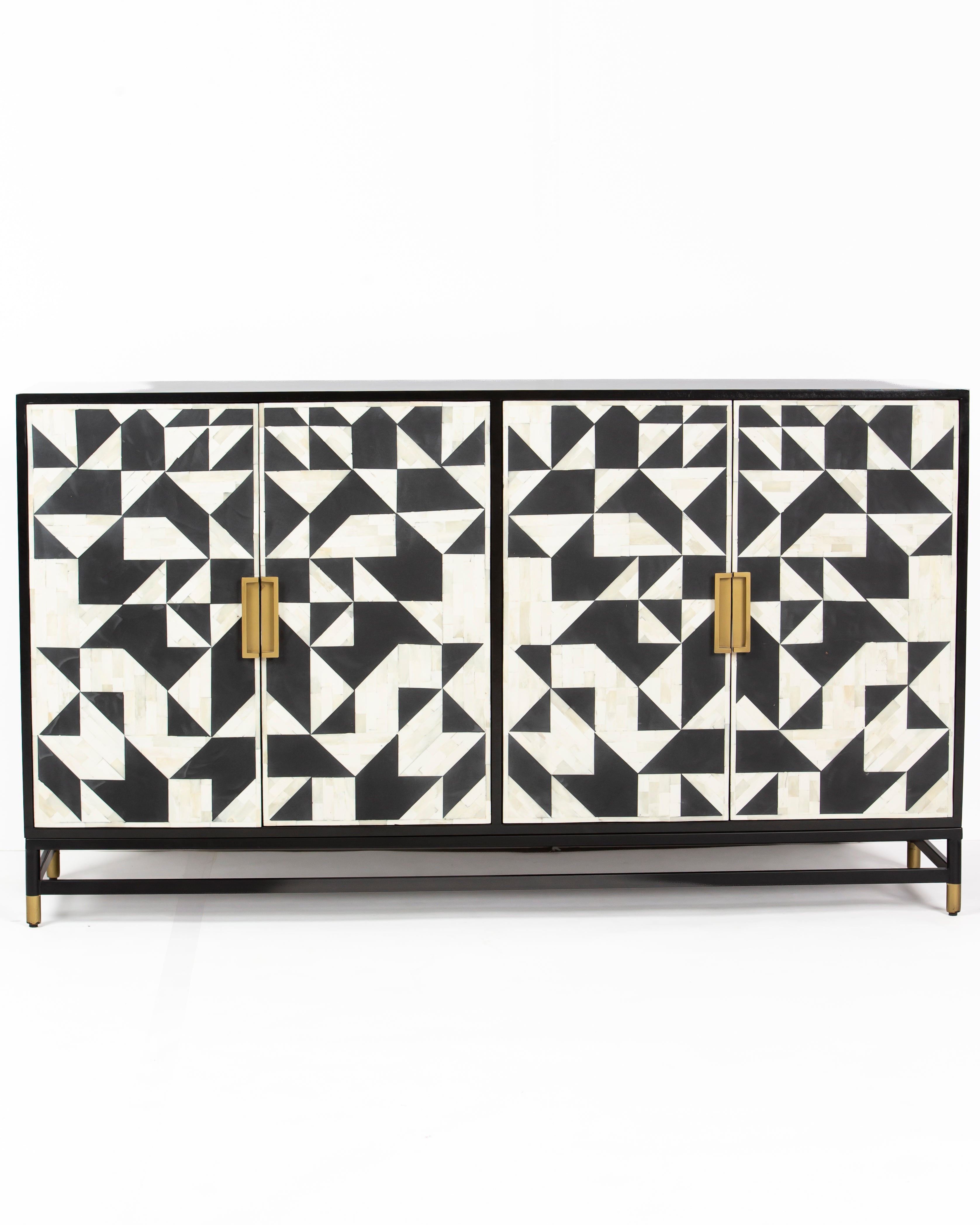 Eve black sideboard cabinet with geometric bone inlay, front view