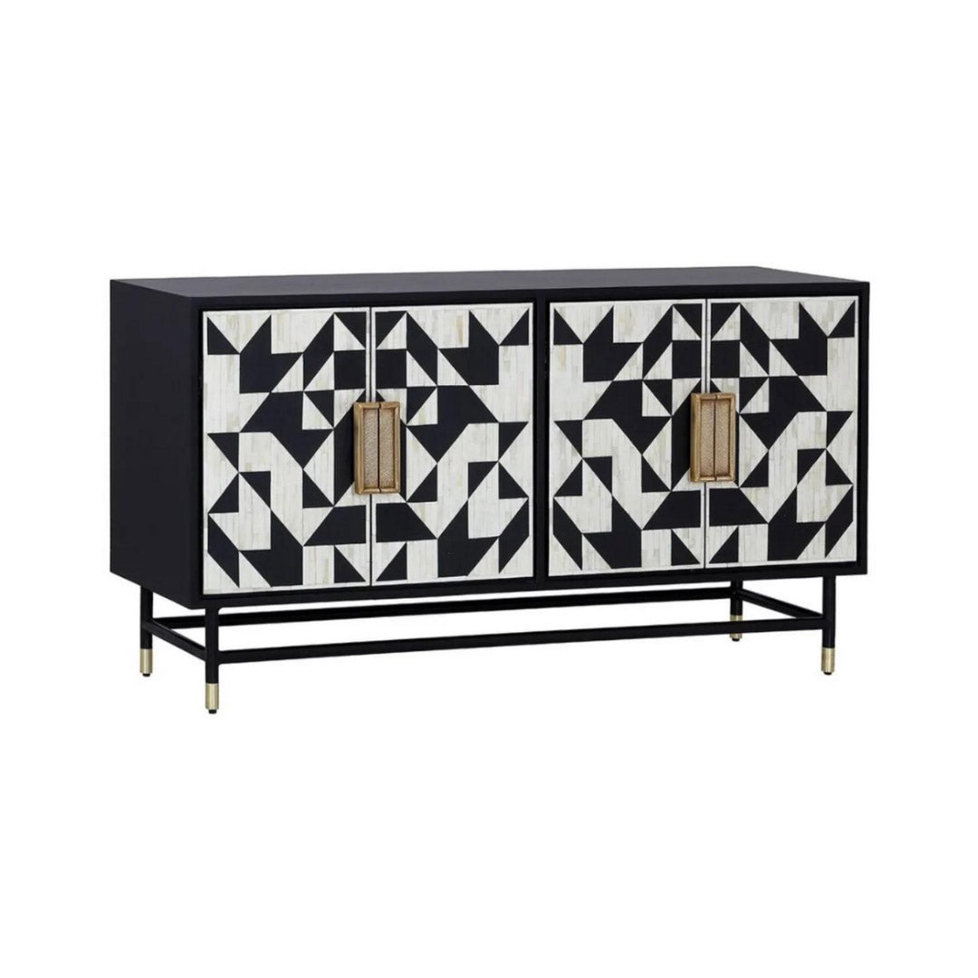 Elegant black bone inlay cabinet with geometric patterns, gold handles, and slim legs, perfect for a statement living space.