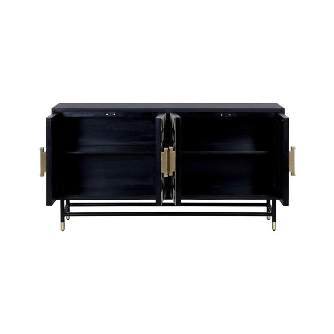 Elegant black bone inlay cabinet with geometric patterns, gold handles, and slim legs, perfect for a statement living space.