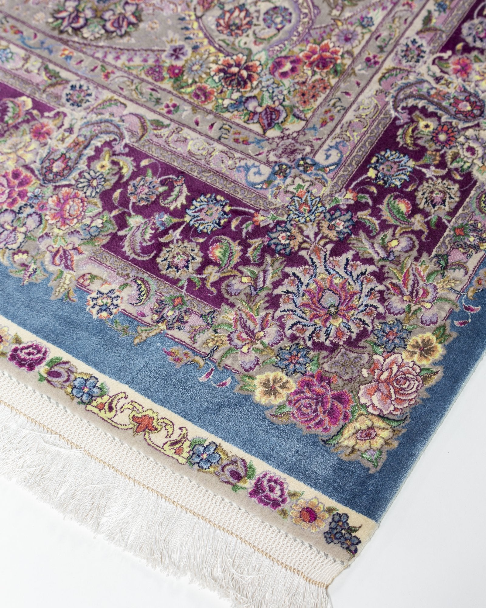 Farahnaz Persian silk and wool rug pile texture and sheen, powder blue 225 x 150 cm - Tabeer Homes Dubai