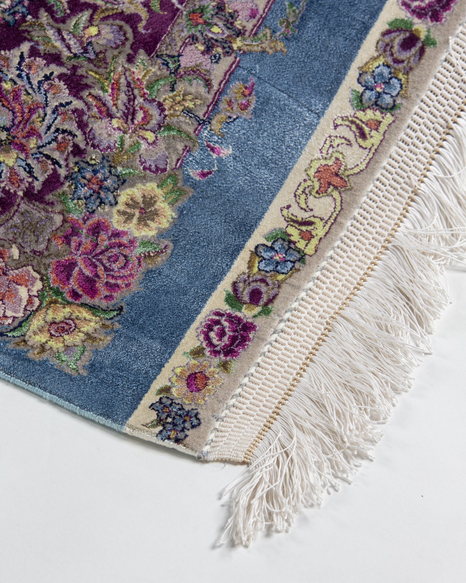 Farahnaz Persian silk and wool rug edge binding and back detail, powder blue 225 x 150 cm - Tabeer Homes Dubai