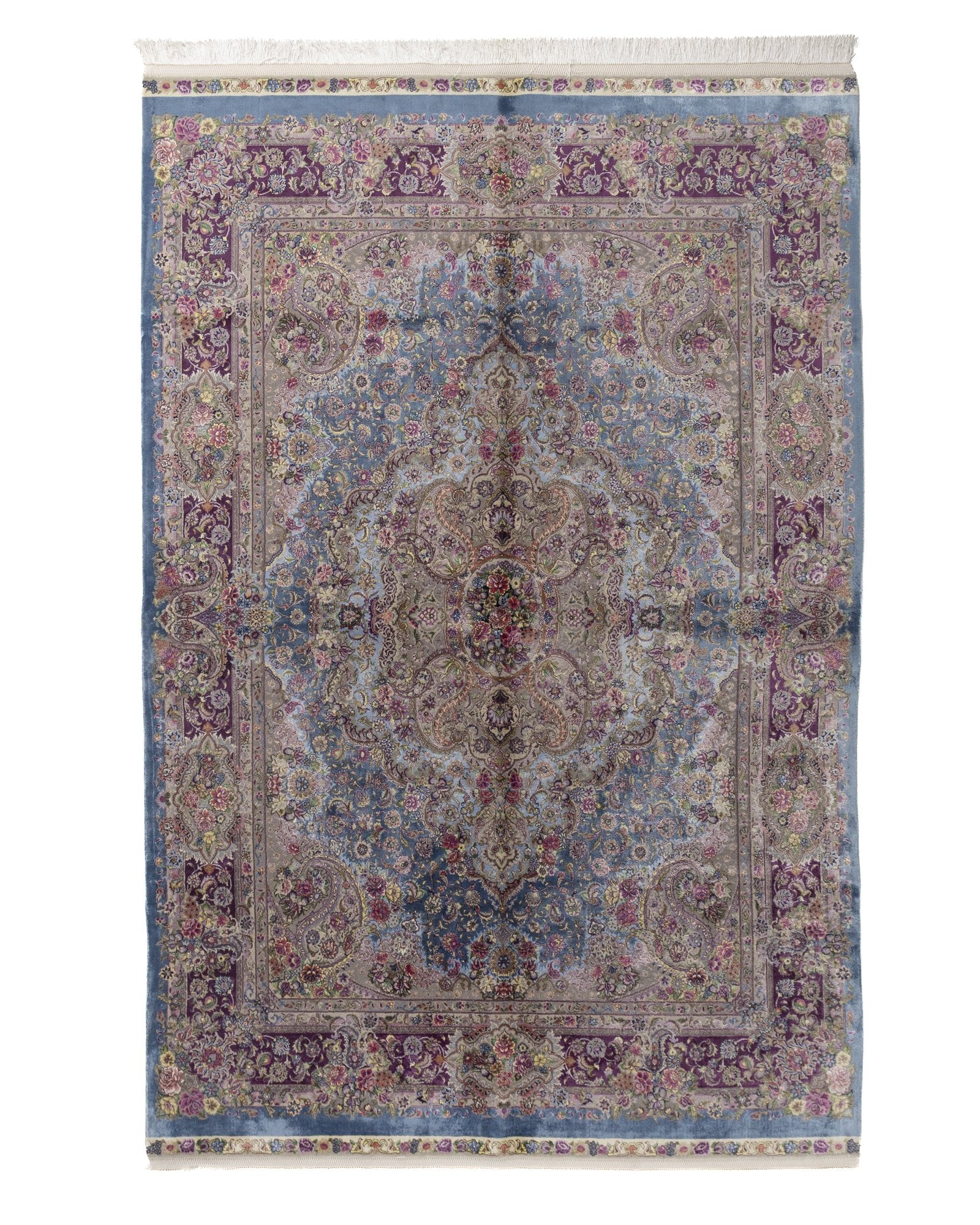 Farahnaz Persian silk and wool carpet 225 x 150 cm in powder blue, full overhead view - Tabeer Homes Dubai