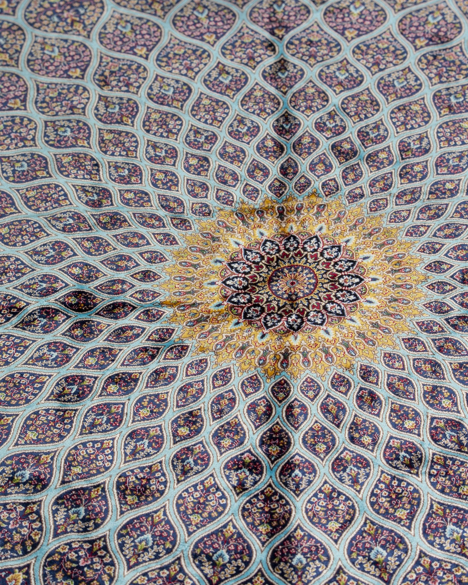 Firuzeh Persian silk carpet medallion close-up, turquoise 225x150 cm - Tabeer Homes Dubai
