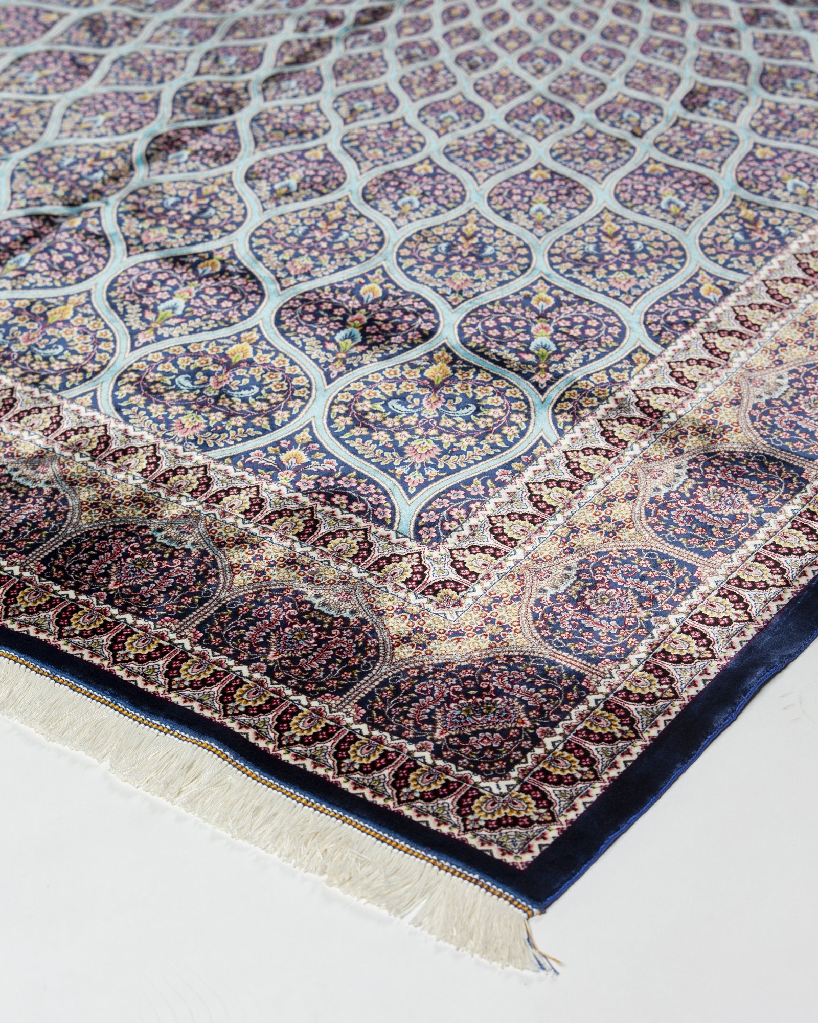 Firuzeh Persian silk carpet corner and fringe detail, turquoise 225x150 cm - Tabeer Homes Dubai