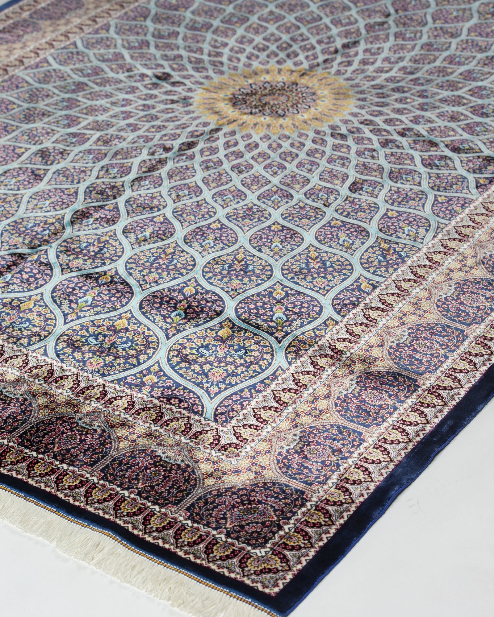 Firuzeh Persian silk carpet pile texture close-up, turquoise 225x150 cm - Tabeer Homes Dubai