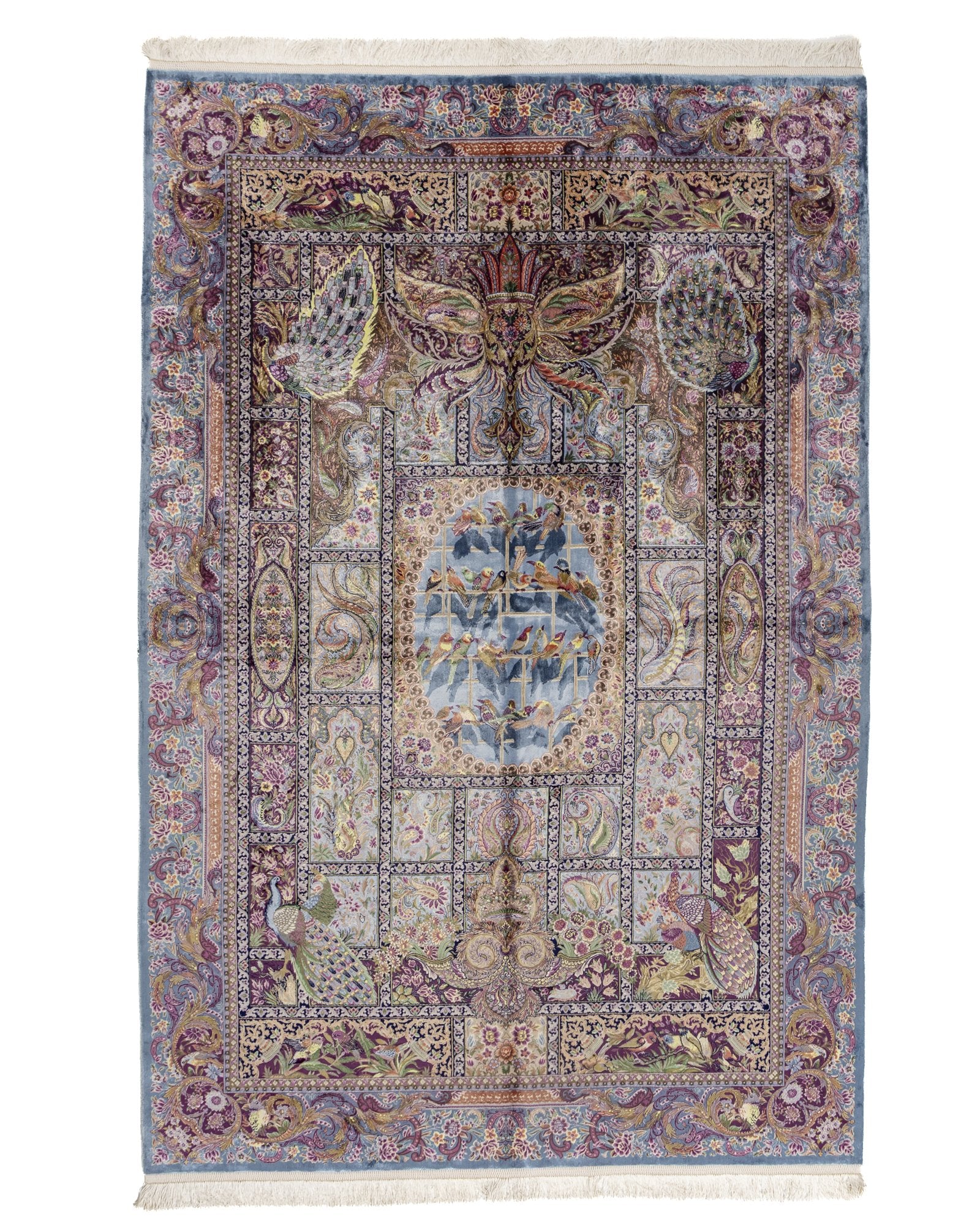 Golzar Persian silk and wool carpet 225x150 cm in lavender, full overhead view - Tabeer Homes Dubai
