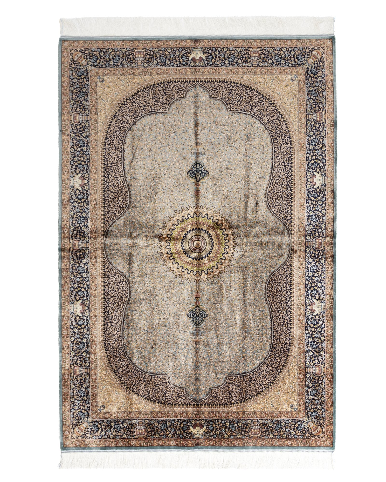 Celeste taupe silk rug 180 x 120 cms with a sunburst medallion design